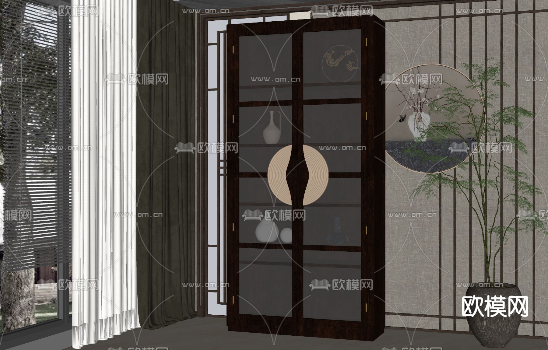 新中式装饰柜 玻璃柜su模型下载（渲染图2）
