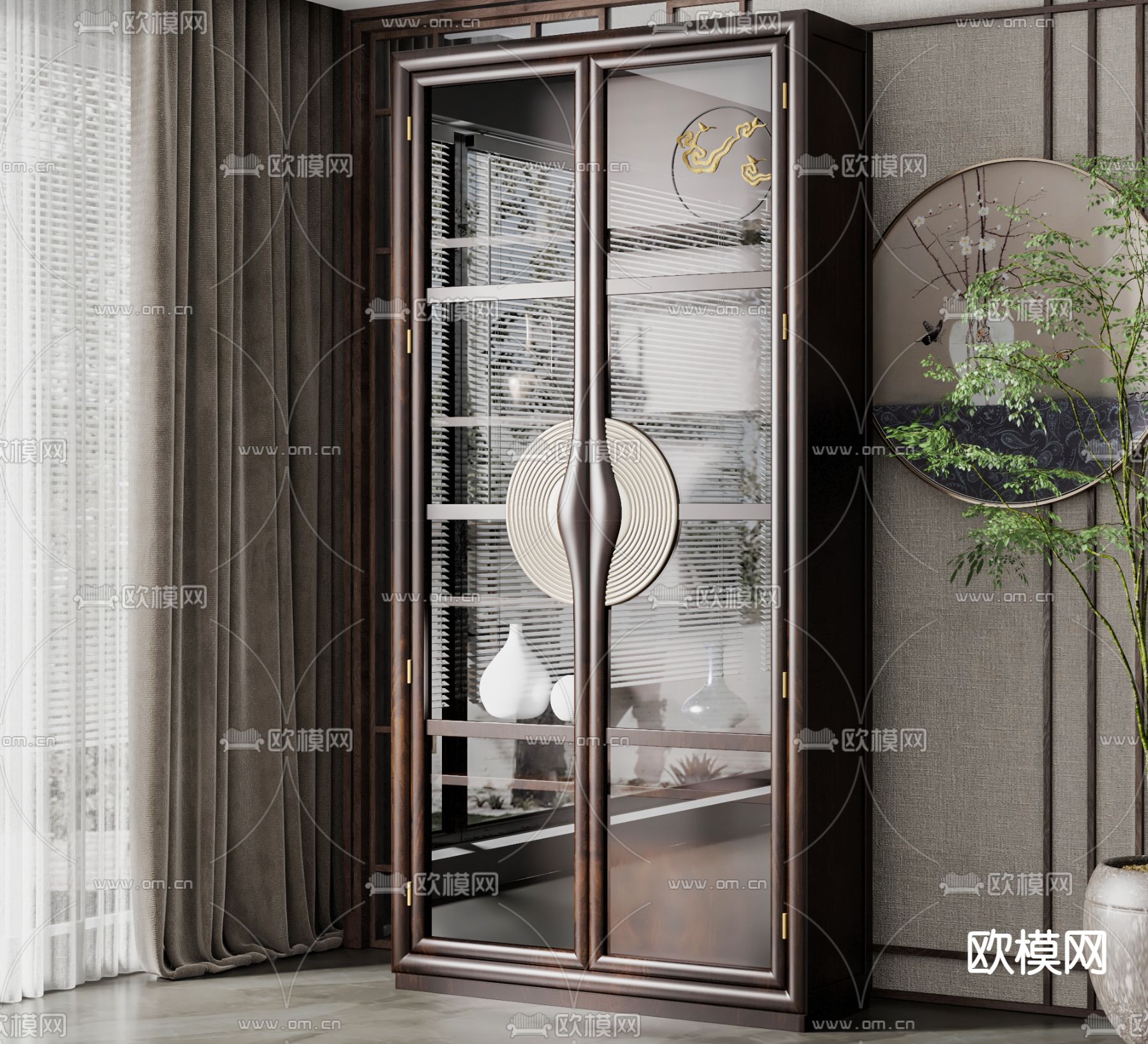 新中式装饰柜 玻璃柜su模型下载（渲染图1）