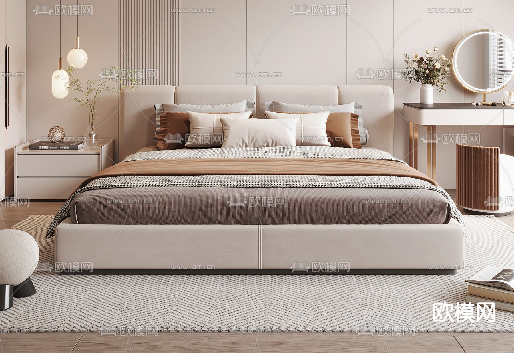 现代布艺双人床su模型下载（渲染图2）