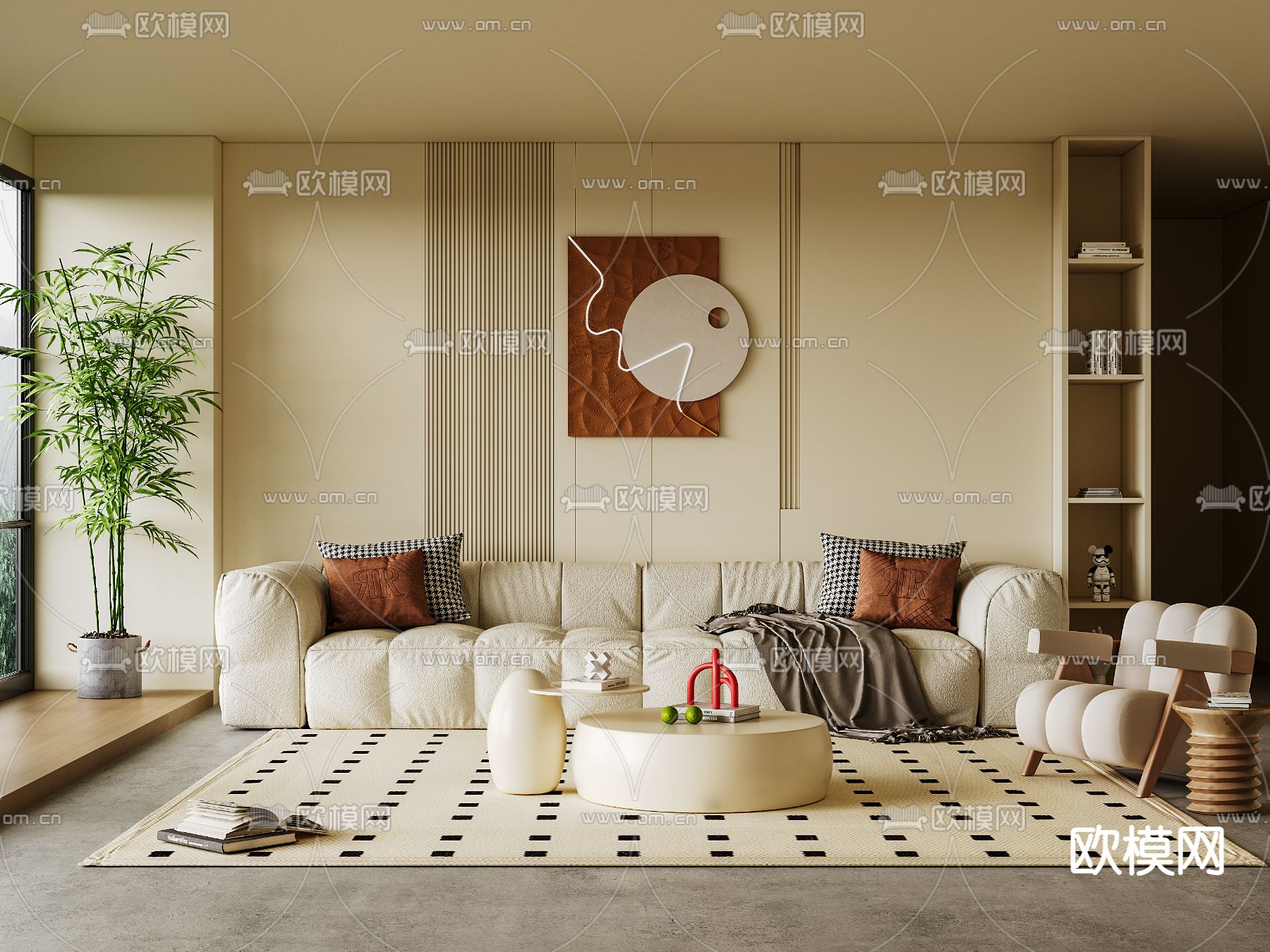 奶油风客厅su模型下载（渲染图1）