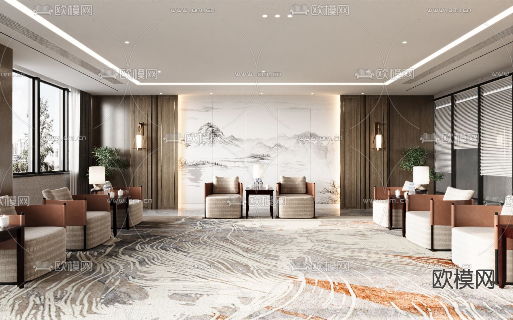 新中式会客室 接待室 贵宾室su模型下载（渲染图1）