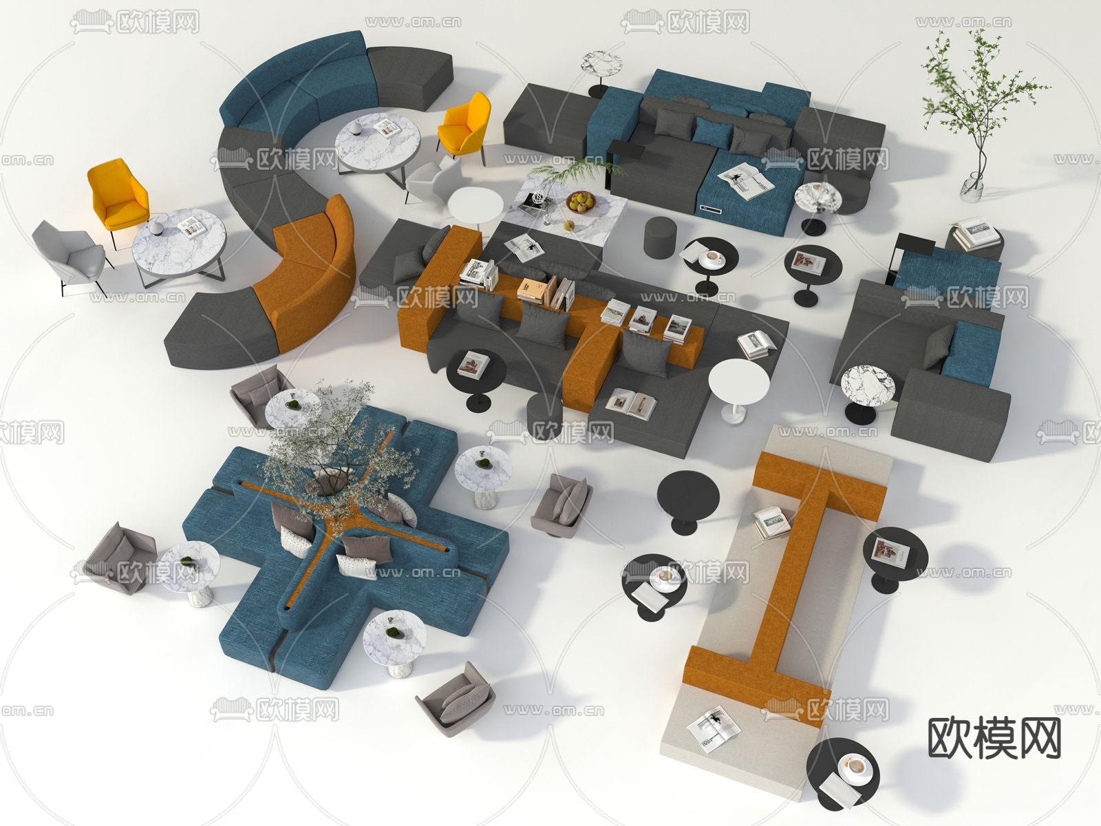 现代异形沙发 卡座组合su模型下载（渲染图2）