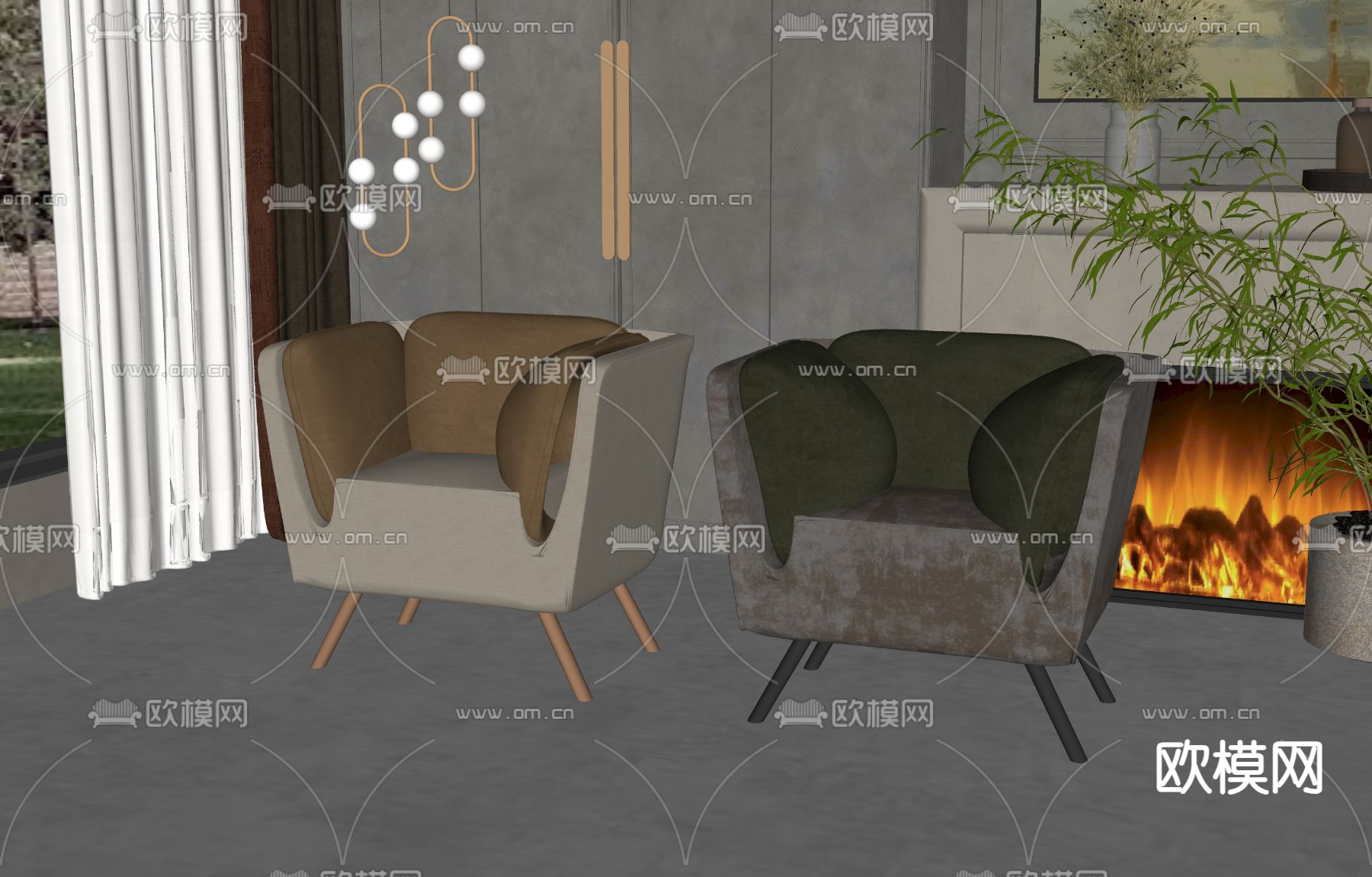 简欧沙发椅 休闲椅su模型下载（渲染图2）