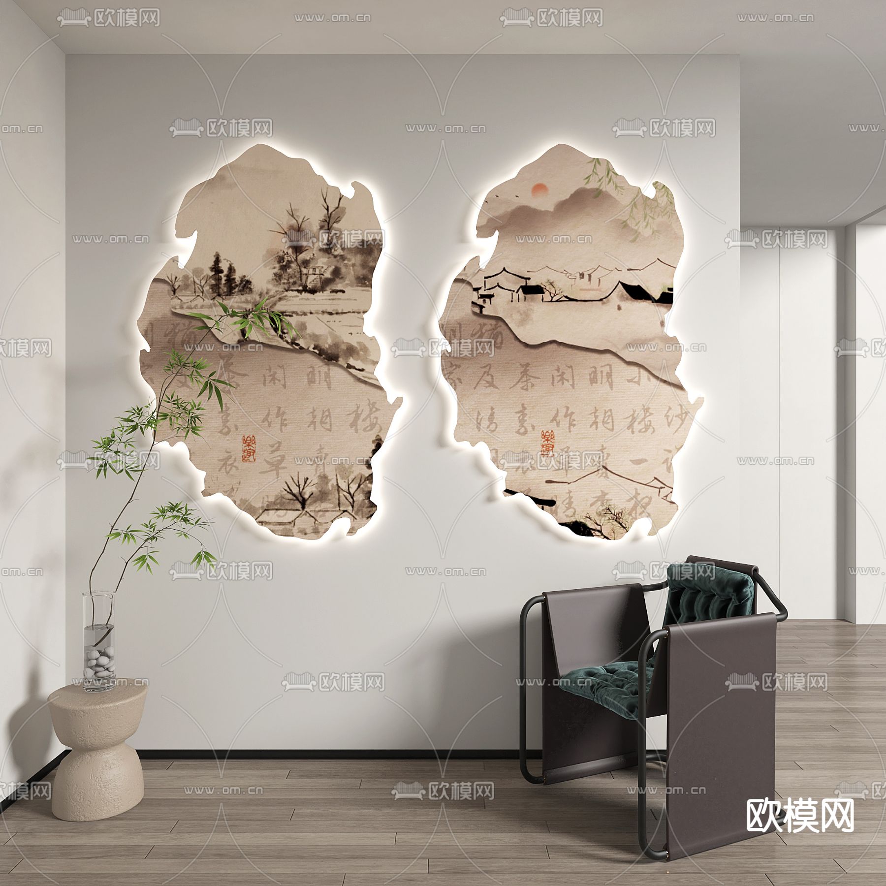 新中式装饰画 山水墙饰 壁画灯su模型下载（渲染图1）