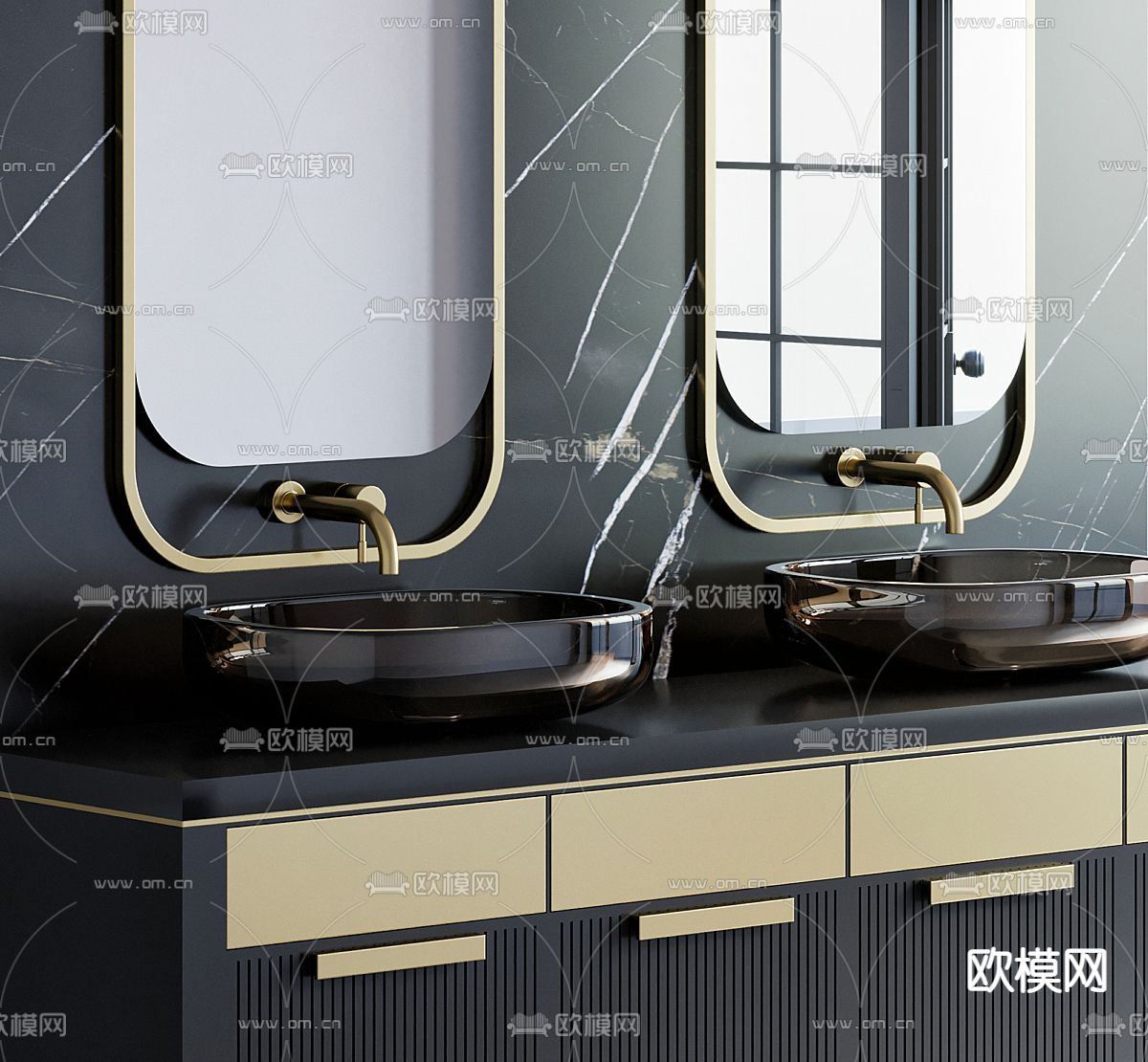 现代浴室柜 双盆洗手台3d模型下载（渲染图2）