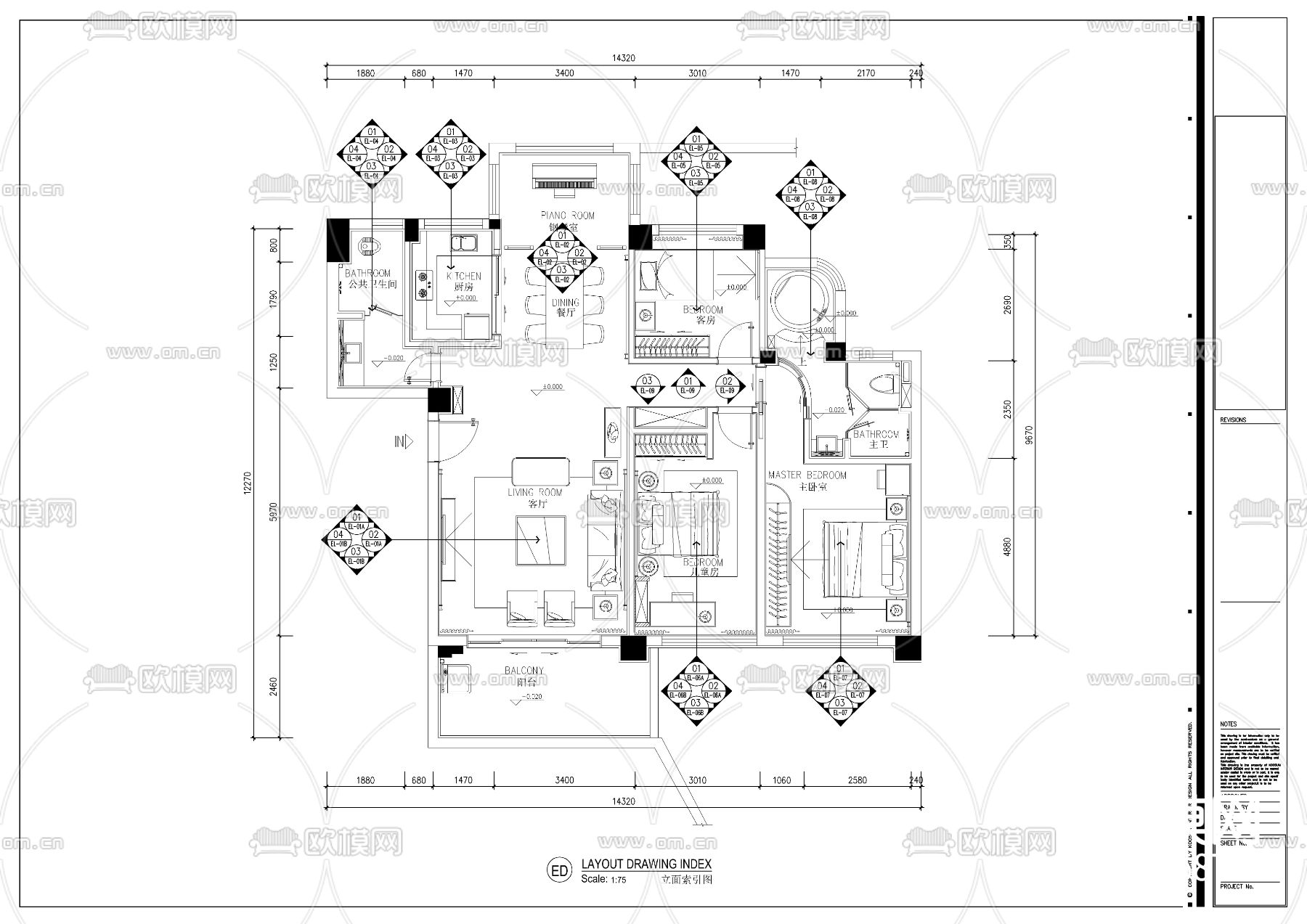 中式风格平层cad施工图下载（渲染图1）