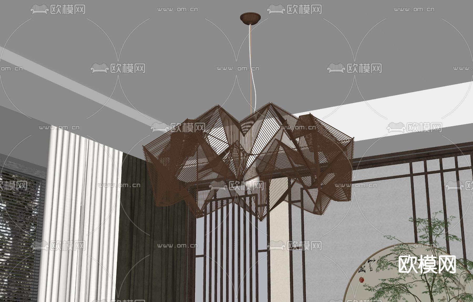 新中式实木吊灯su模型下载（渲染图1）