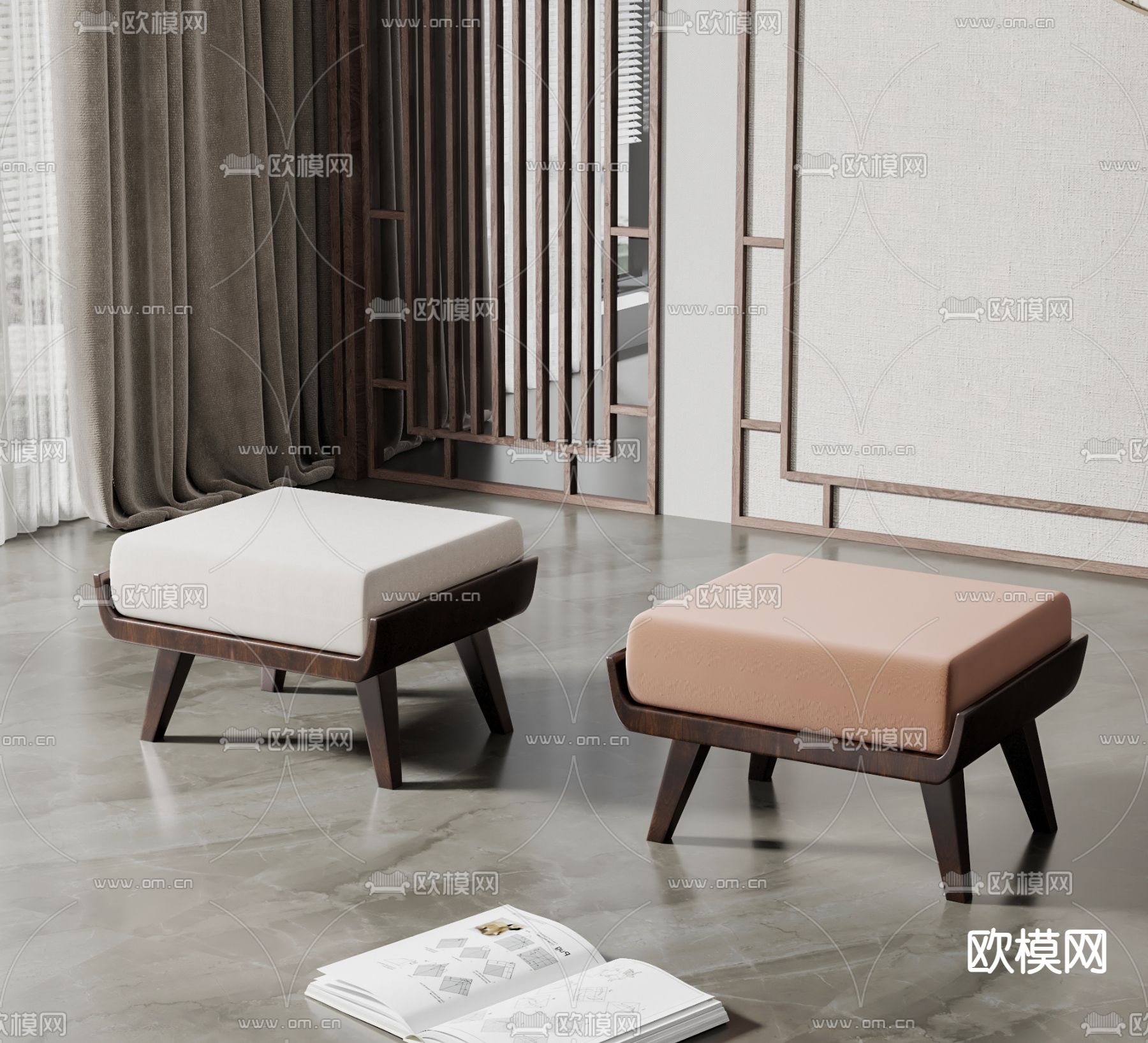 新中式沙发凳su模型下载（渲染图2）