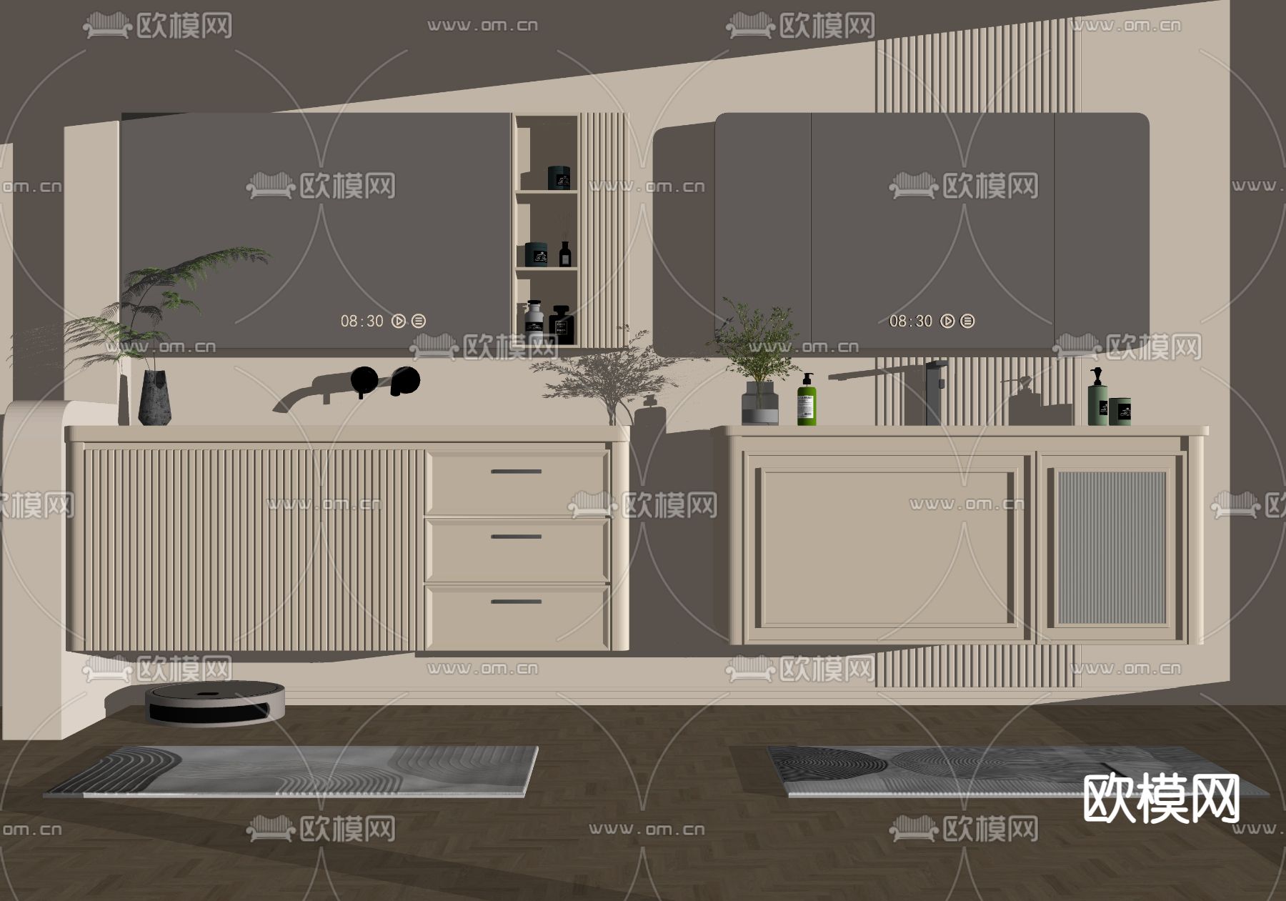 奶油风浴室柜 洗手台 镜柜su模型下载（渲染图2）