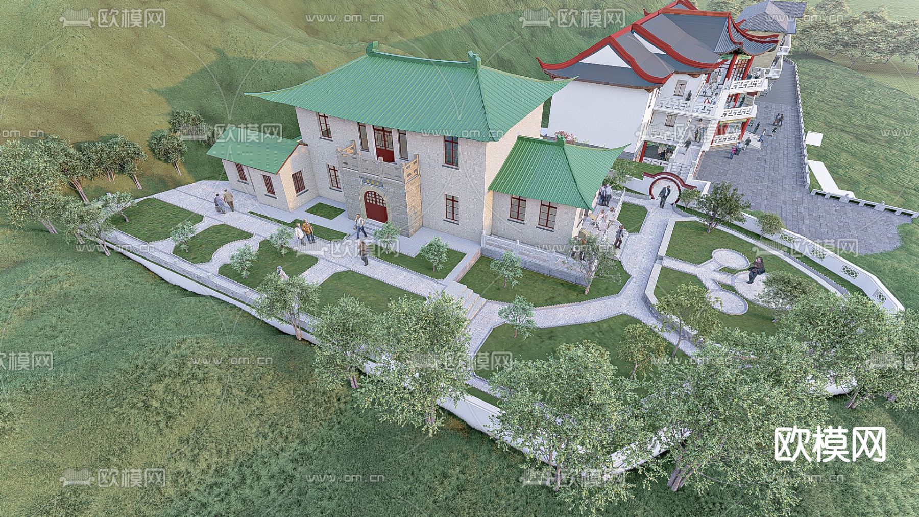 中式酒店餐厅 酒楼外观su模型下载（渲染图1）