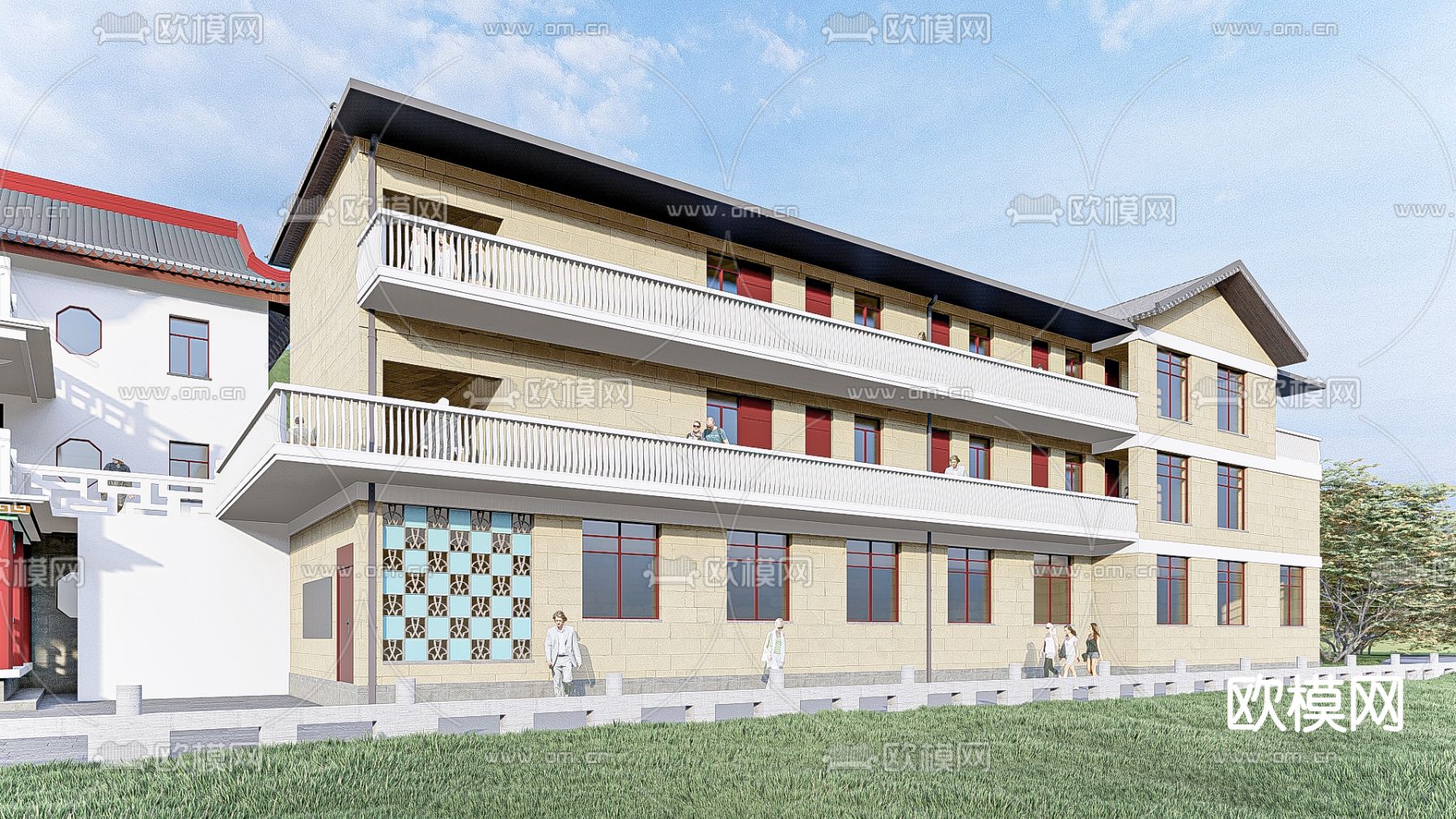 中式酒店餐厅 酒楼外观su模型下载（渲染图3）