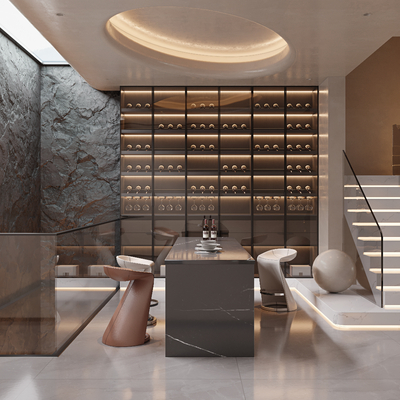  现代酒窖 品酒区 酒吧台su模型 