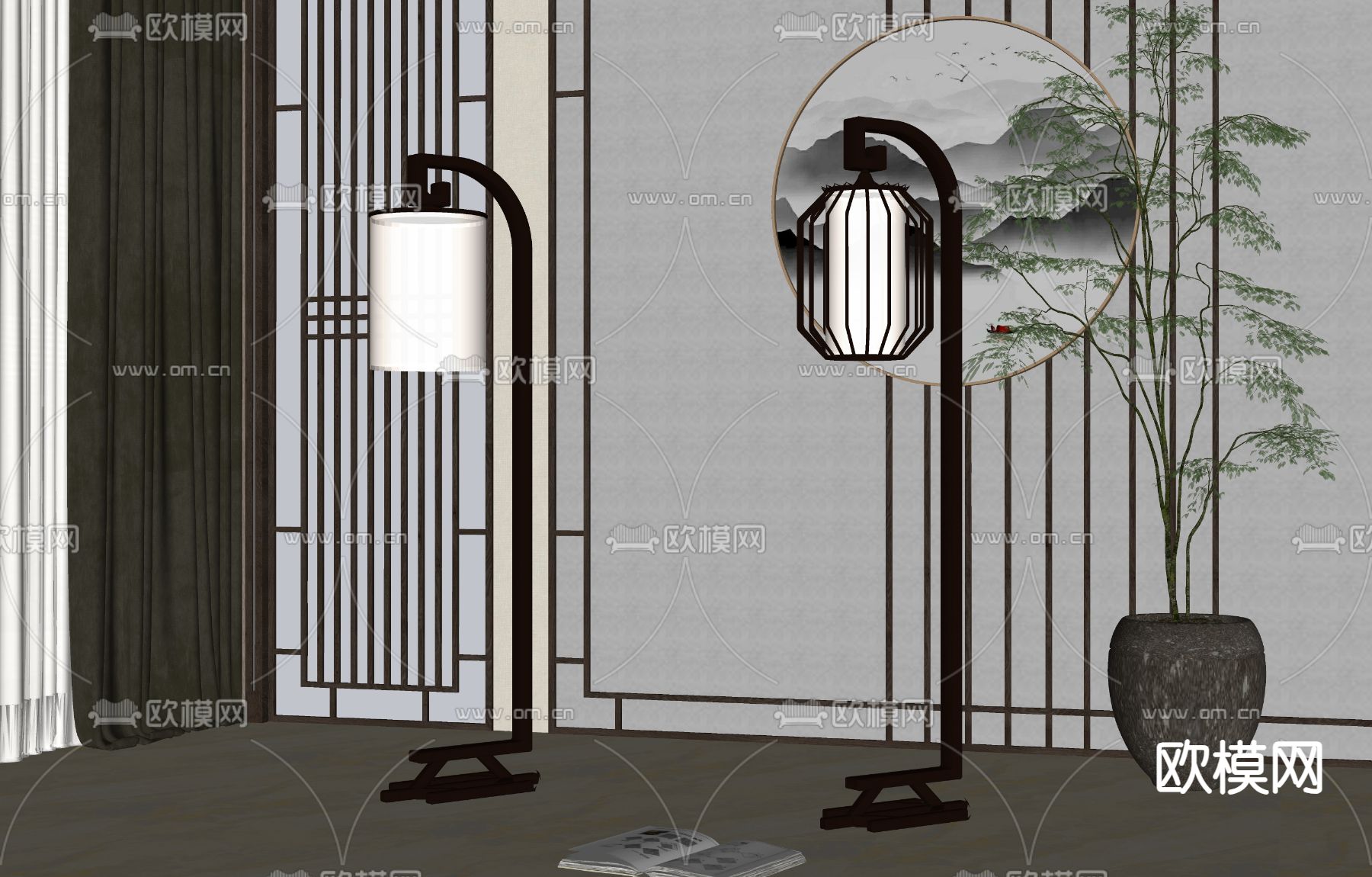 新中式落地灯su模型下载（渲染图1）