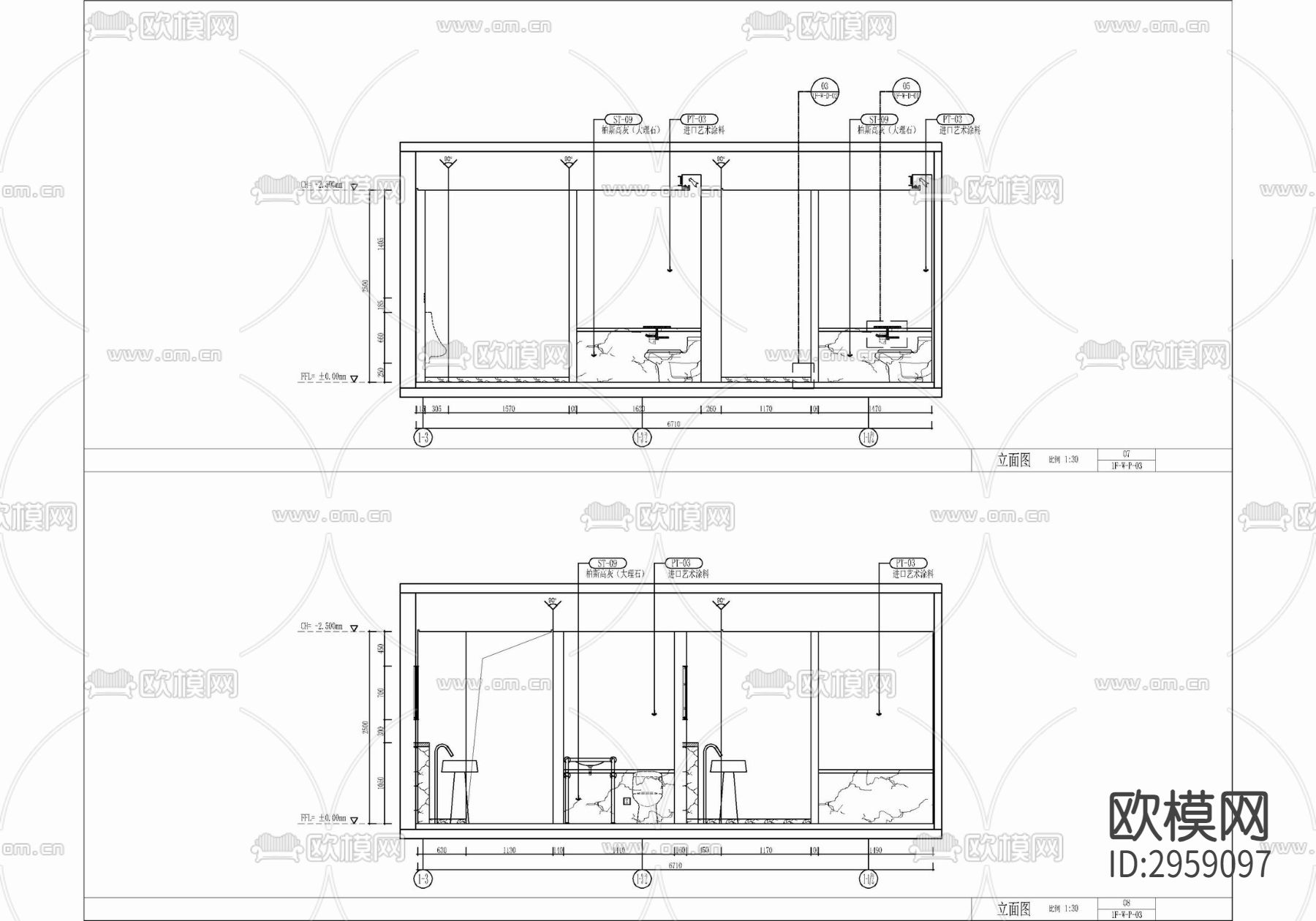 酒店公共卫生间cad施工图下载（渲染图6）
