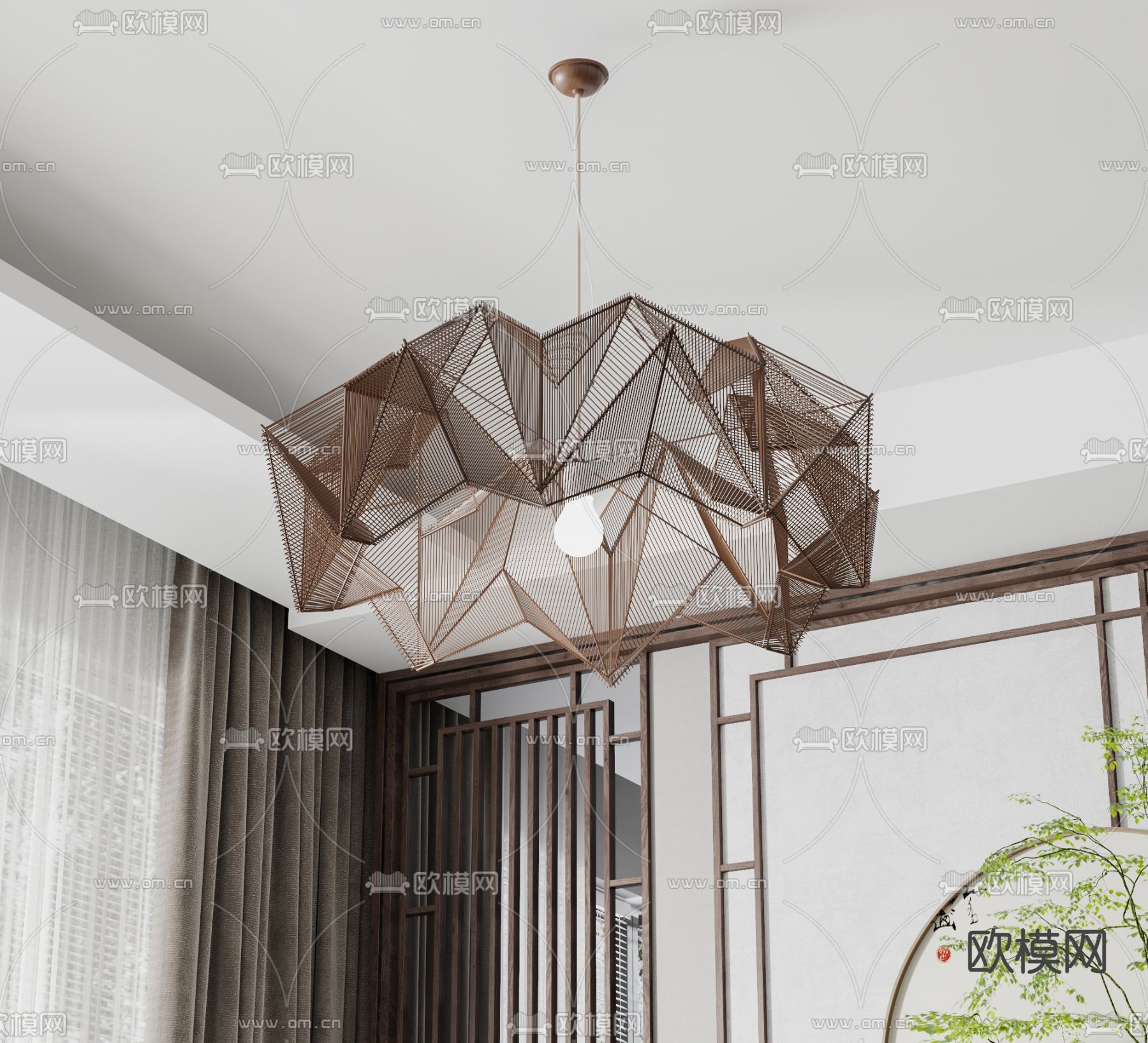 新中式实木吊灯su模型下载（渲染图2）