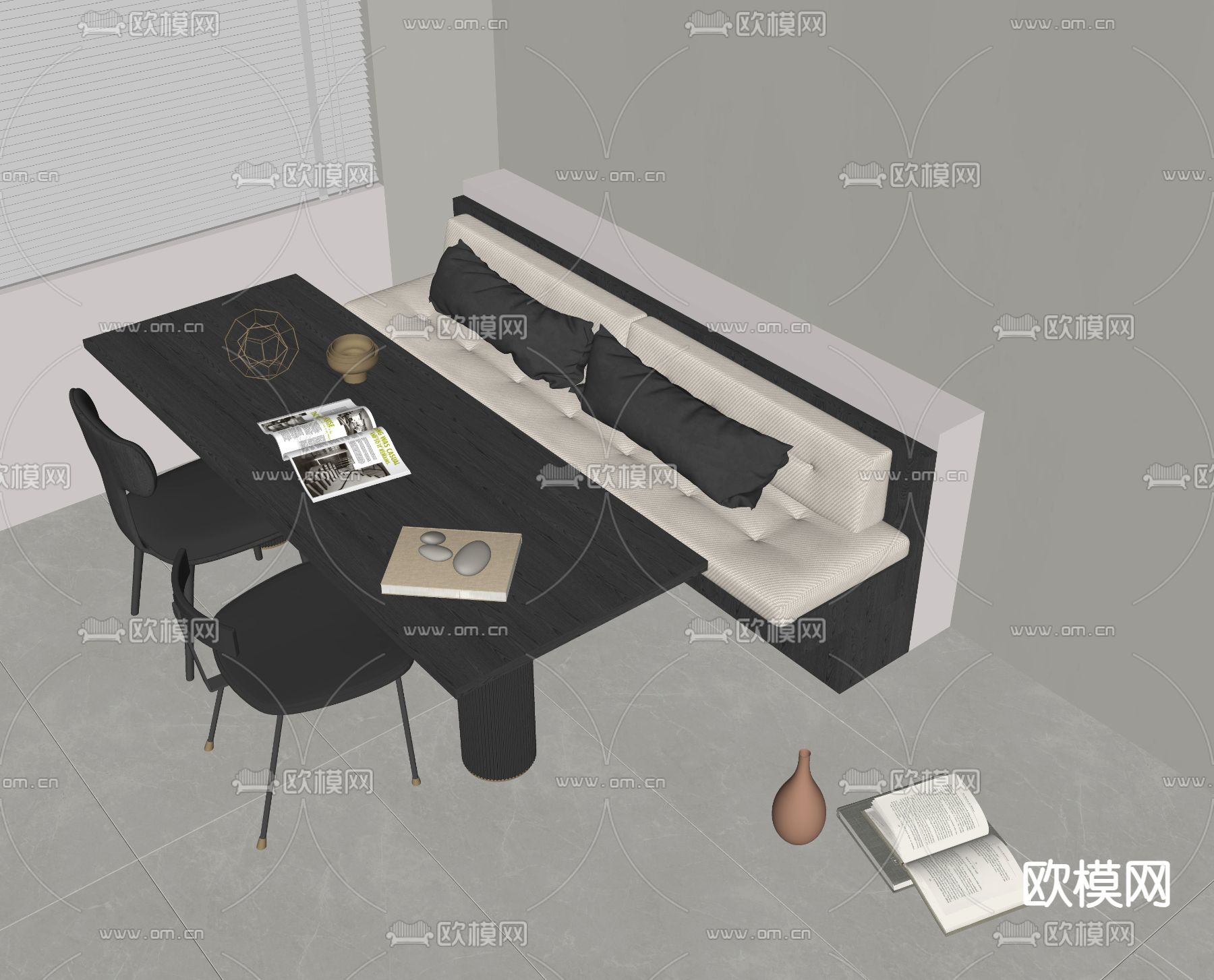 现代卡座 多人沙发 休闲桌椅su模型下载（渲染图2）