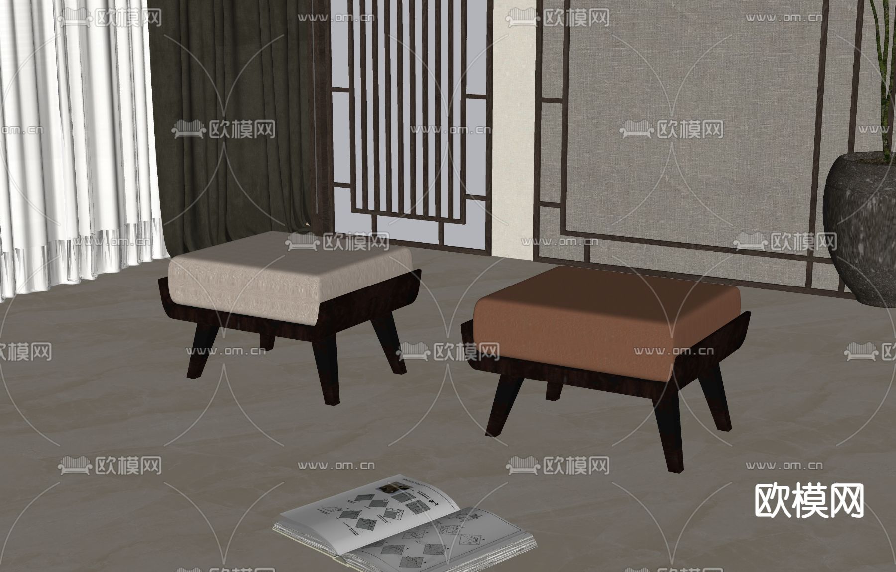 新中式沙发凳su模型下载（渲染图1）
