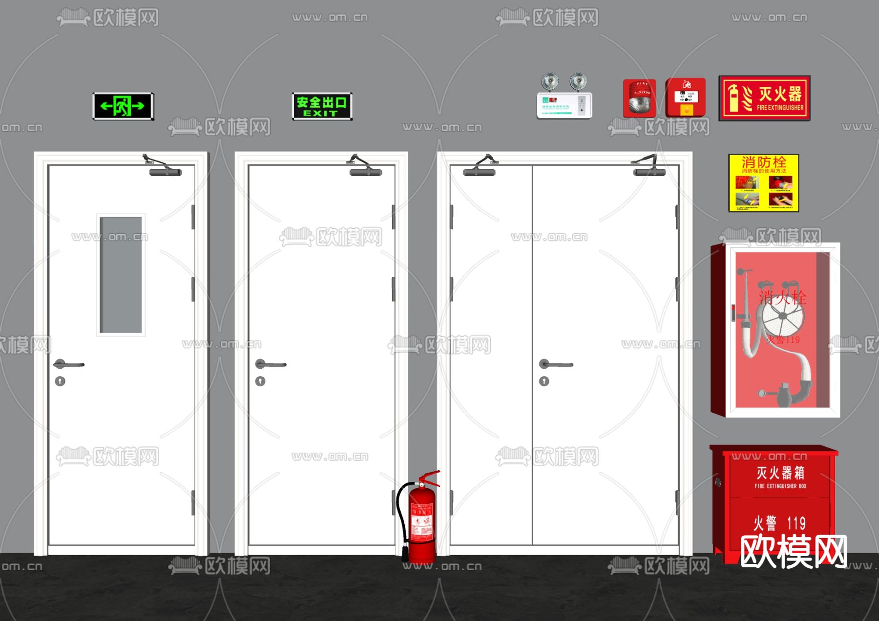 消防门 防火门 消防设施 灭火器 消防栓 安全出口su模型下载（渲染图2）