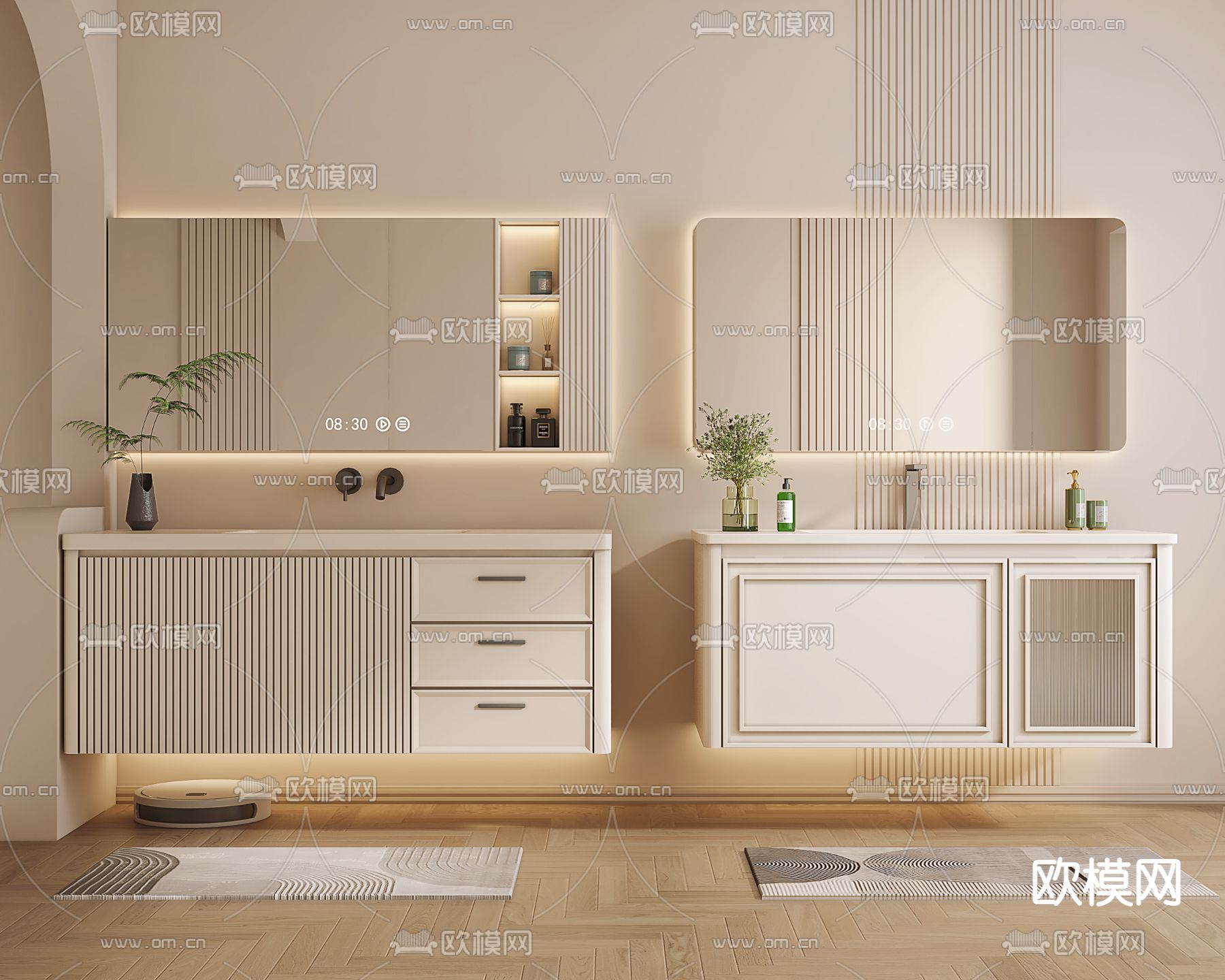 奶油风浴室柜 洗手台 镜柜su模型下载（渲染图1）