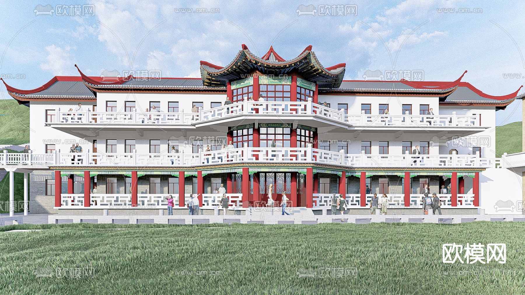 中式酒店餐厅 酒楼外观su模型下载（渲染图2）