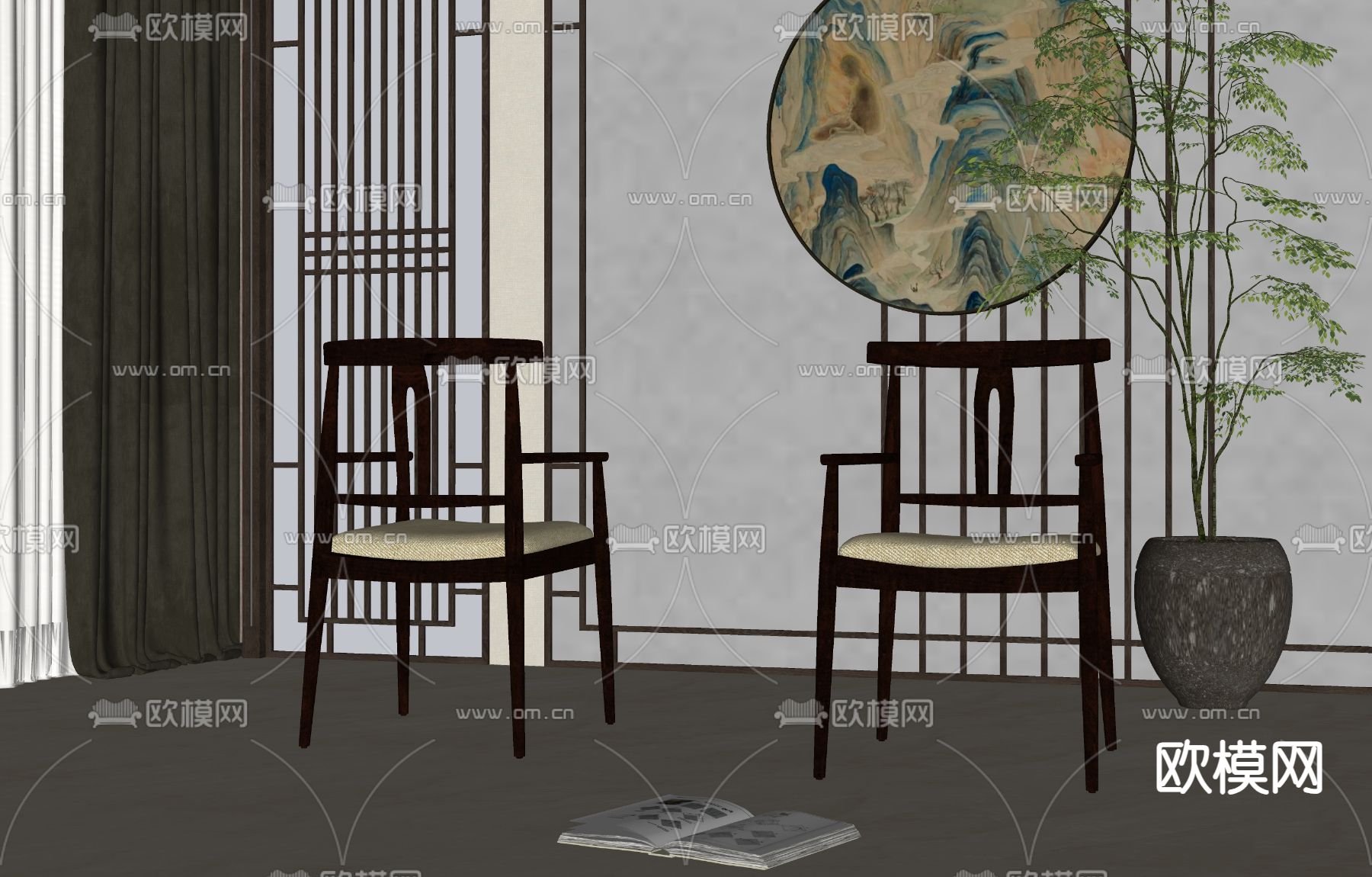 新中式餐椅su模型下载（渲染图1）