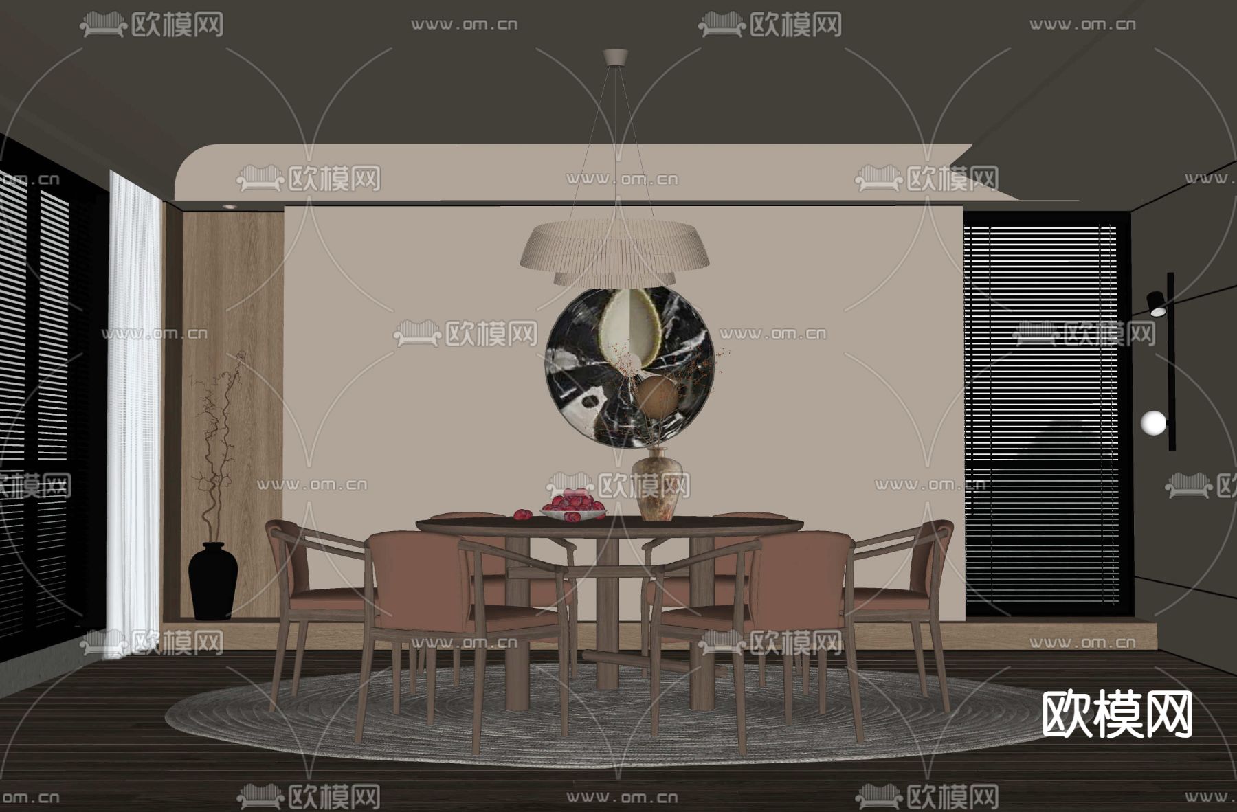 新中式餐厅su模型下载（渲染图1）