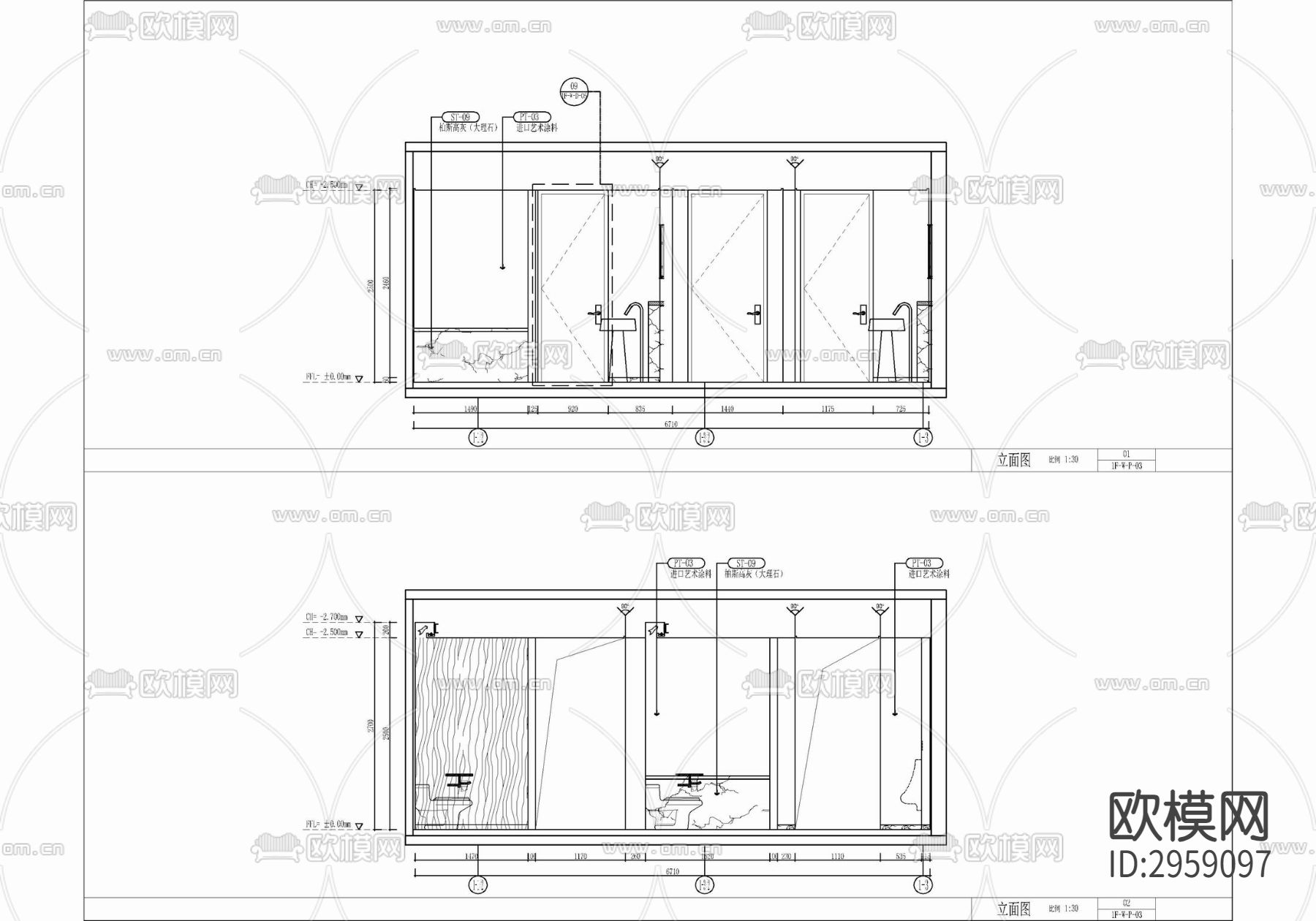 酒店公共卫生间cad施工图下载（渲染图4）