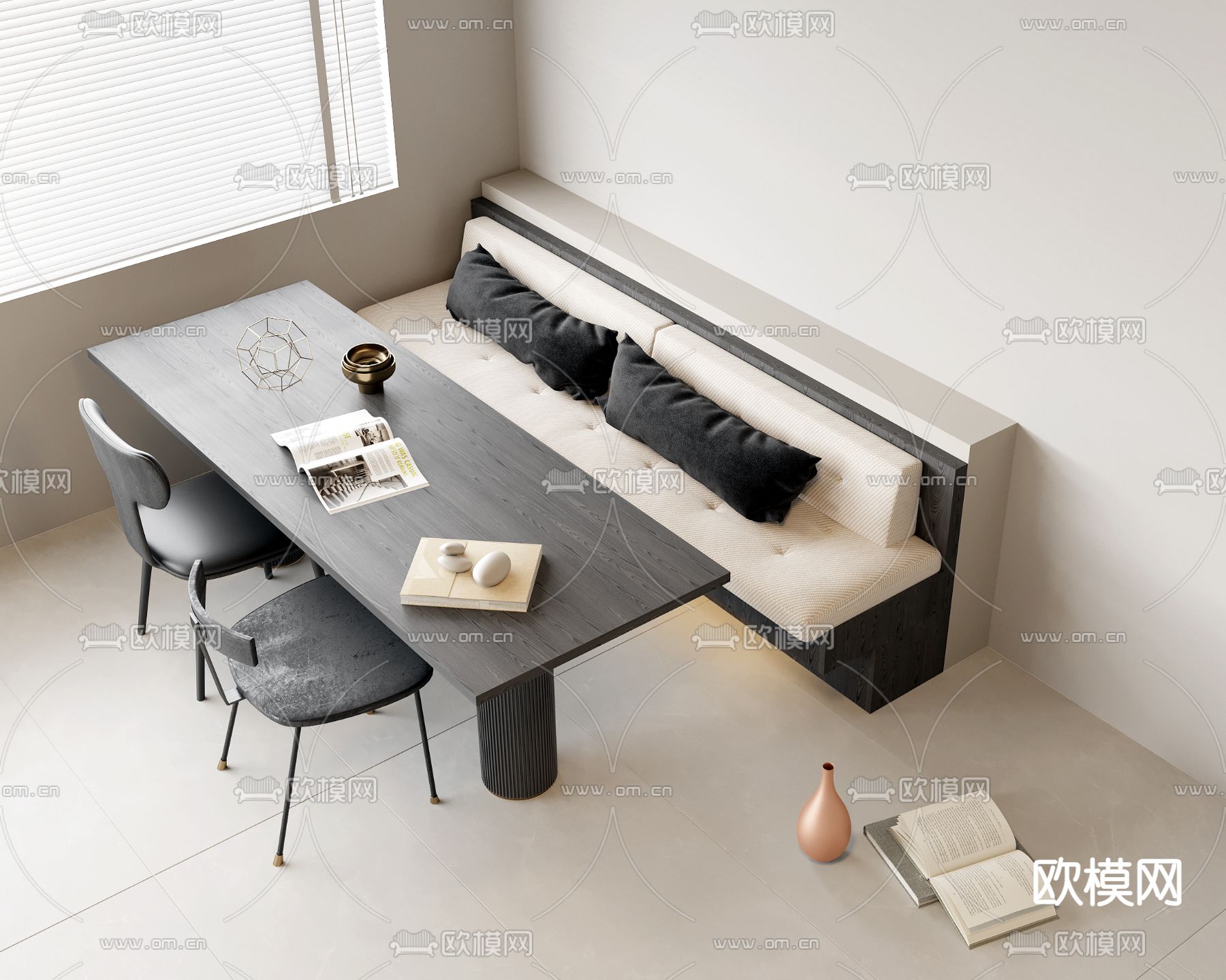 现代卡座 多人沙发 休闲桌椅su模型下载（渲染图1）
