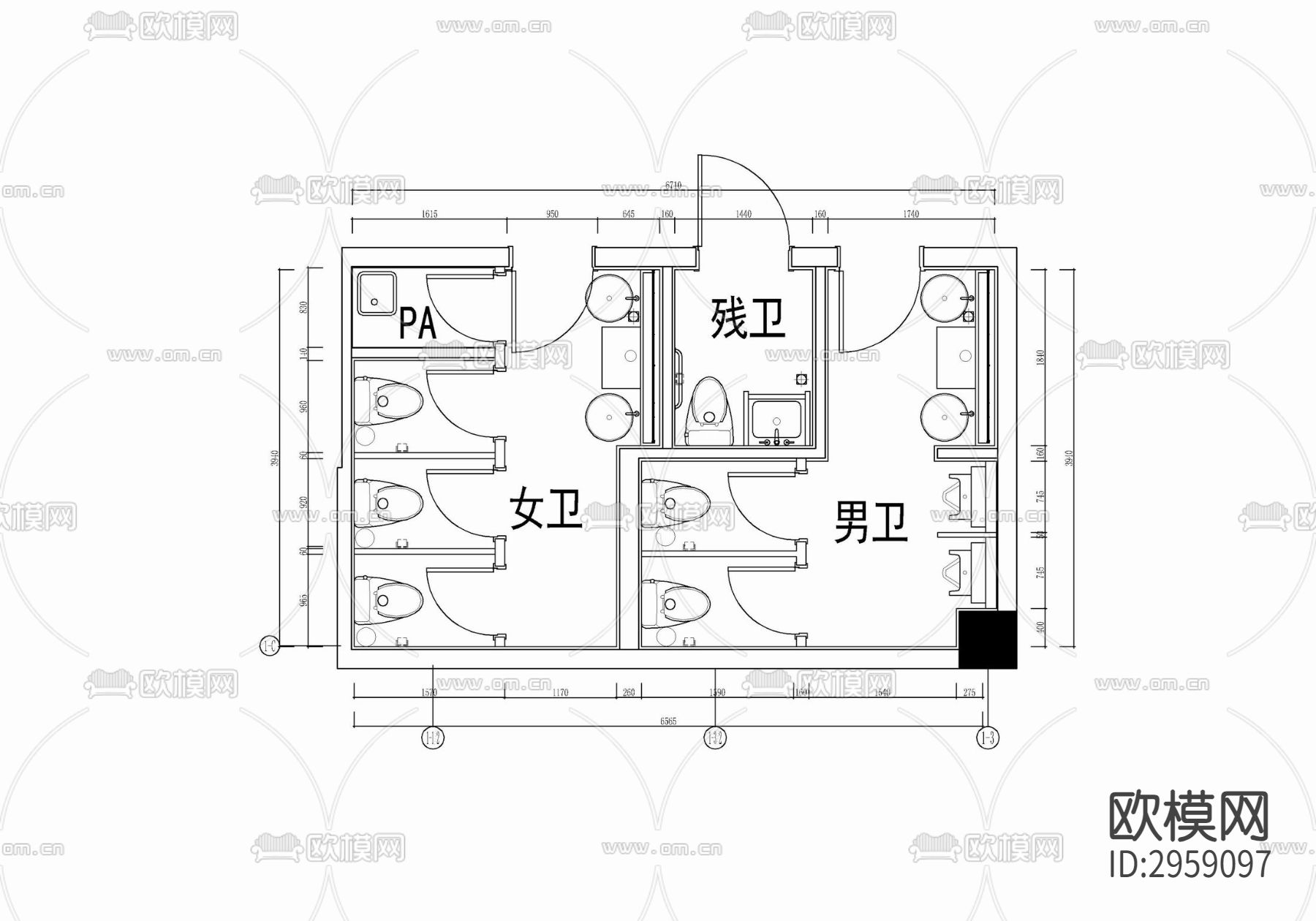 酒店公共卫生间cad施工图下载（渲染图3）