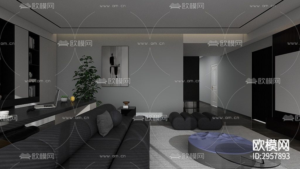 高级灰客厅效果图下载（渲染图2）