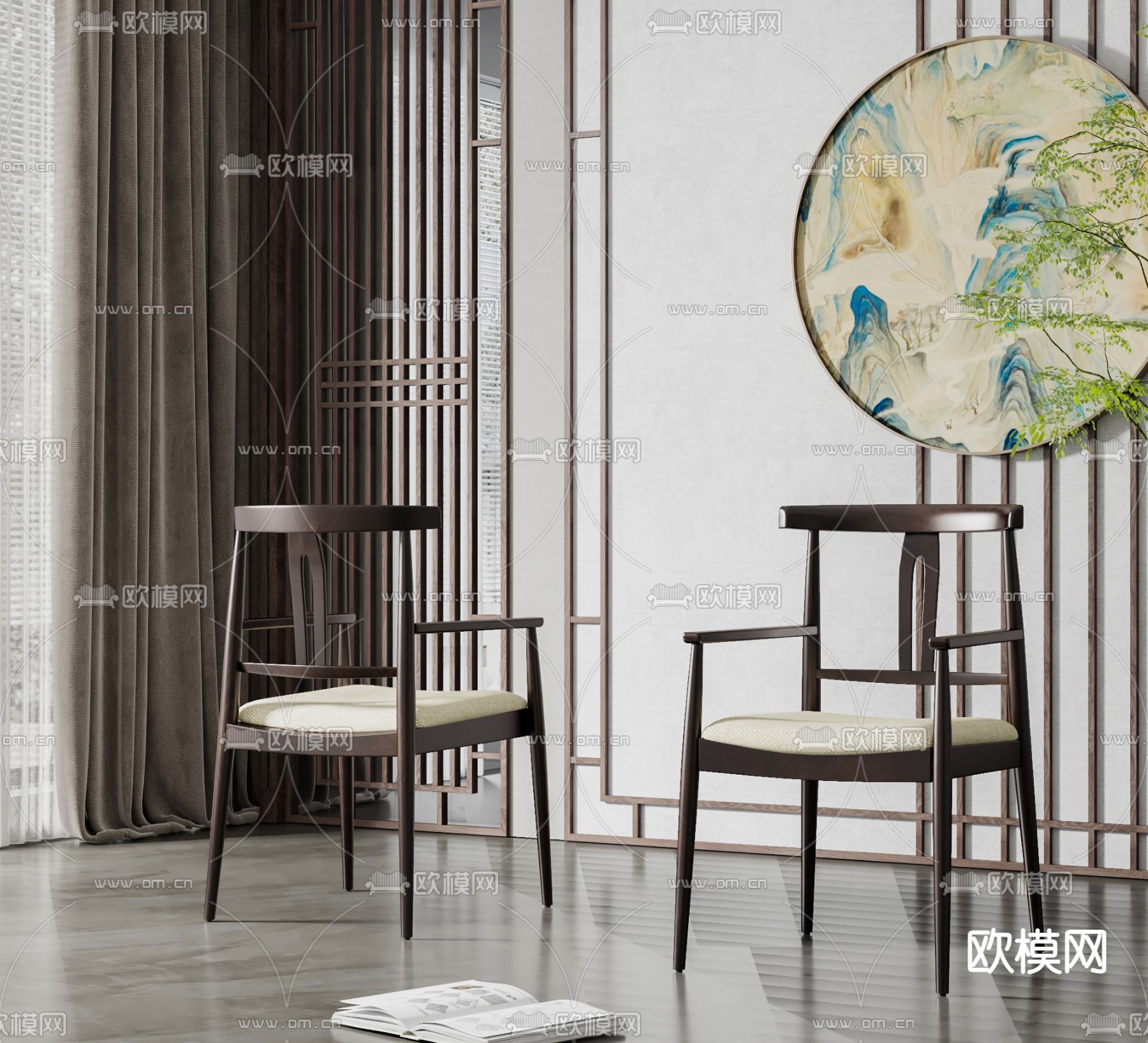 新中式餐椅su模型下载（渲染图2）