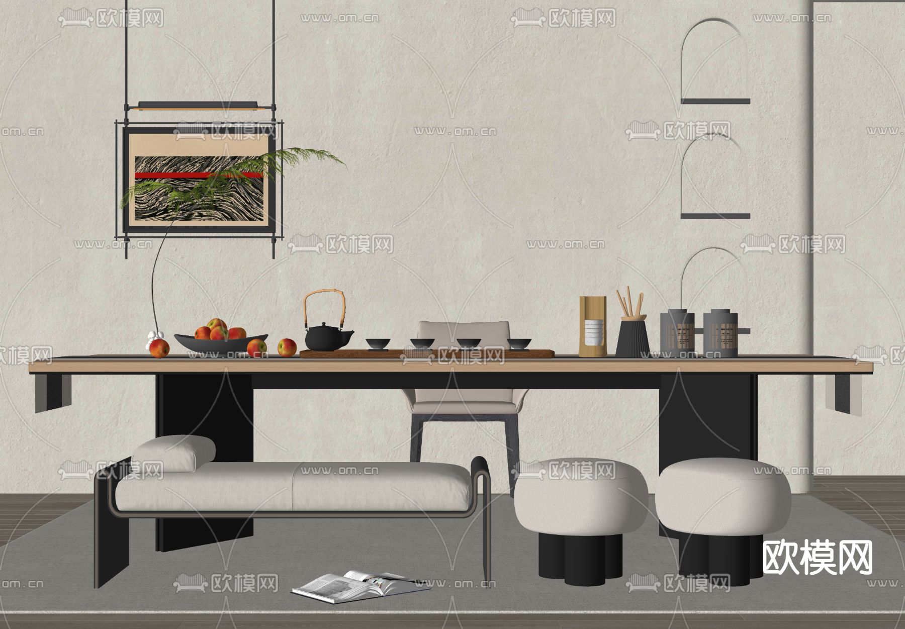 现代茶桌su模型下载（渲染图1）