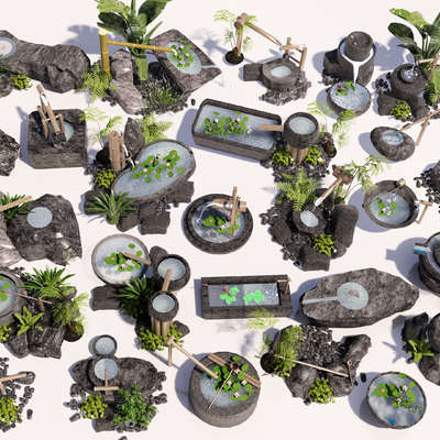 流水石钵 枯山水小品su模型