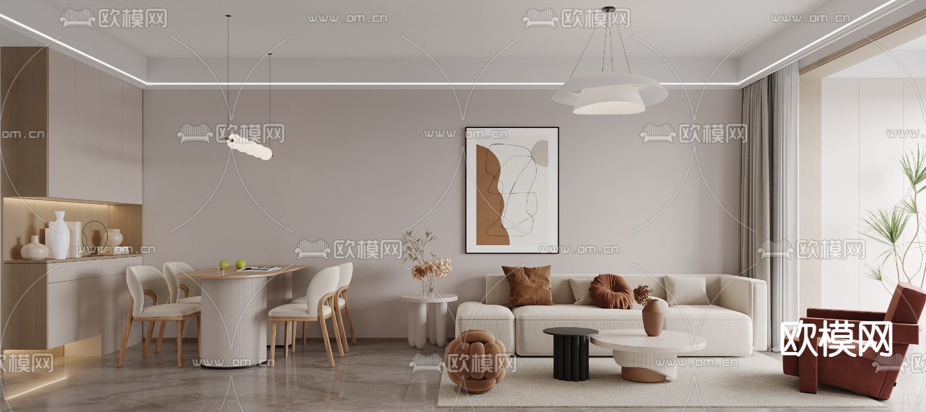 现代客厅 餐厅3d模型下载（渲染图1）