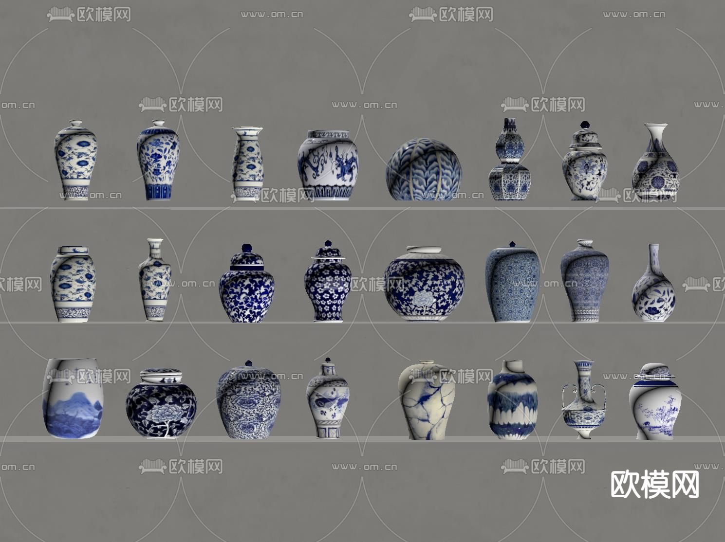 新中式陶瓷器 青花瓷su模型下载（渲染图1）