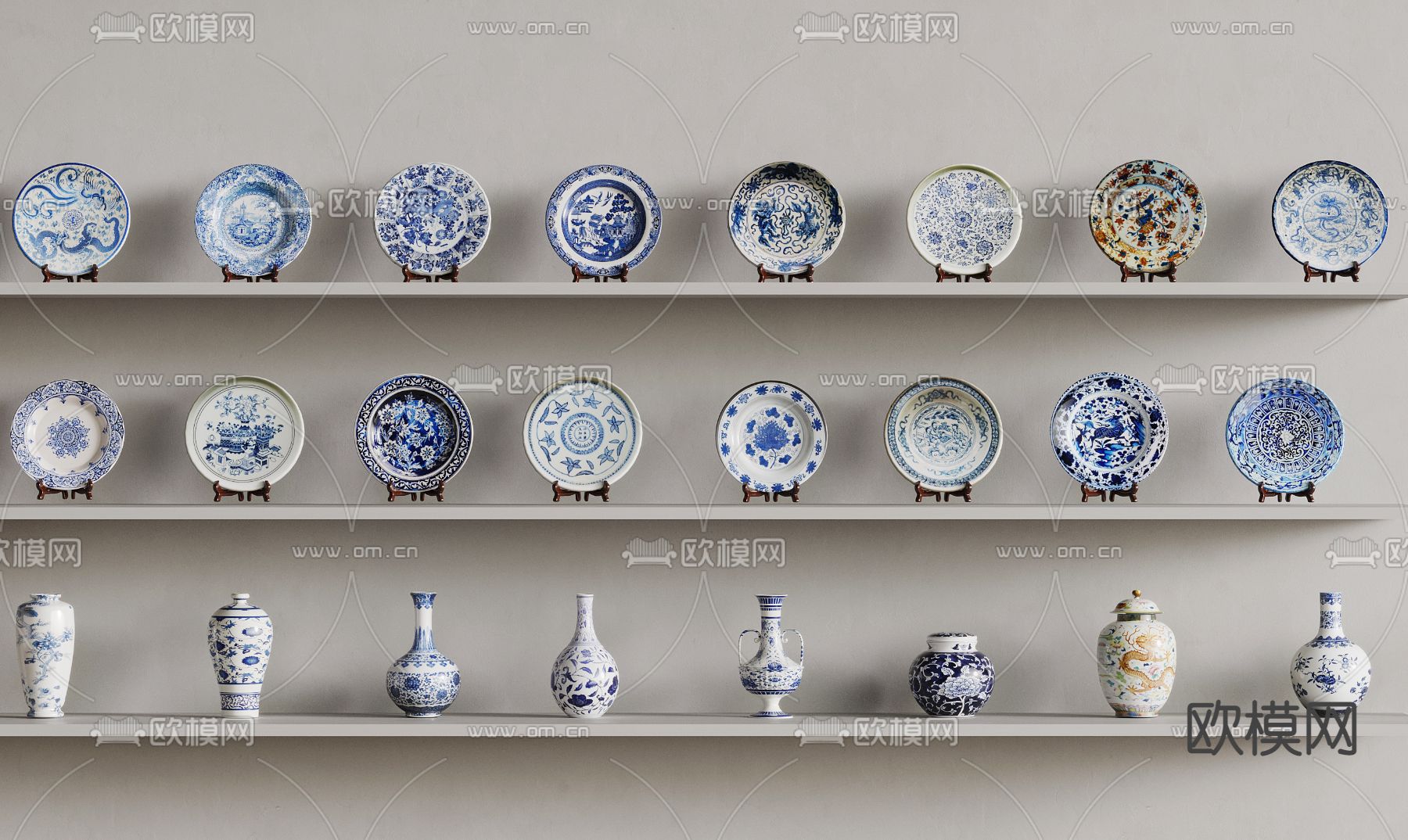 新中式陶瓷器 青花瓷su模型下载（渲染图2）