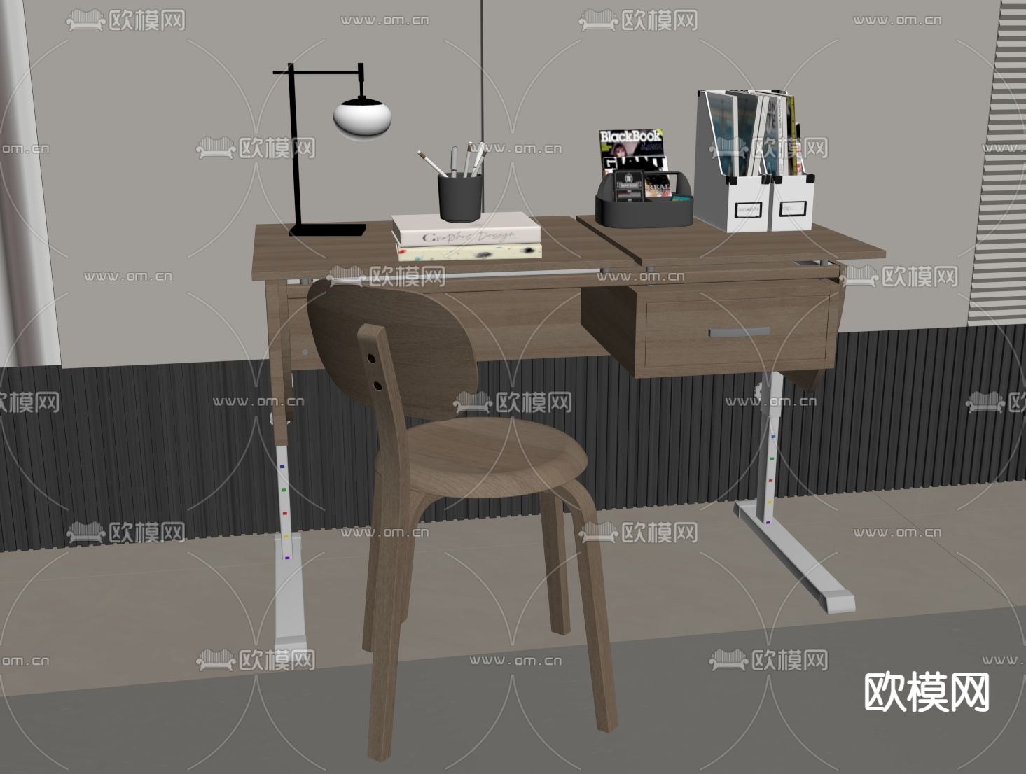 现代书桌椅su模型下载（渲染图1）