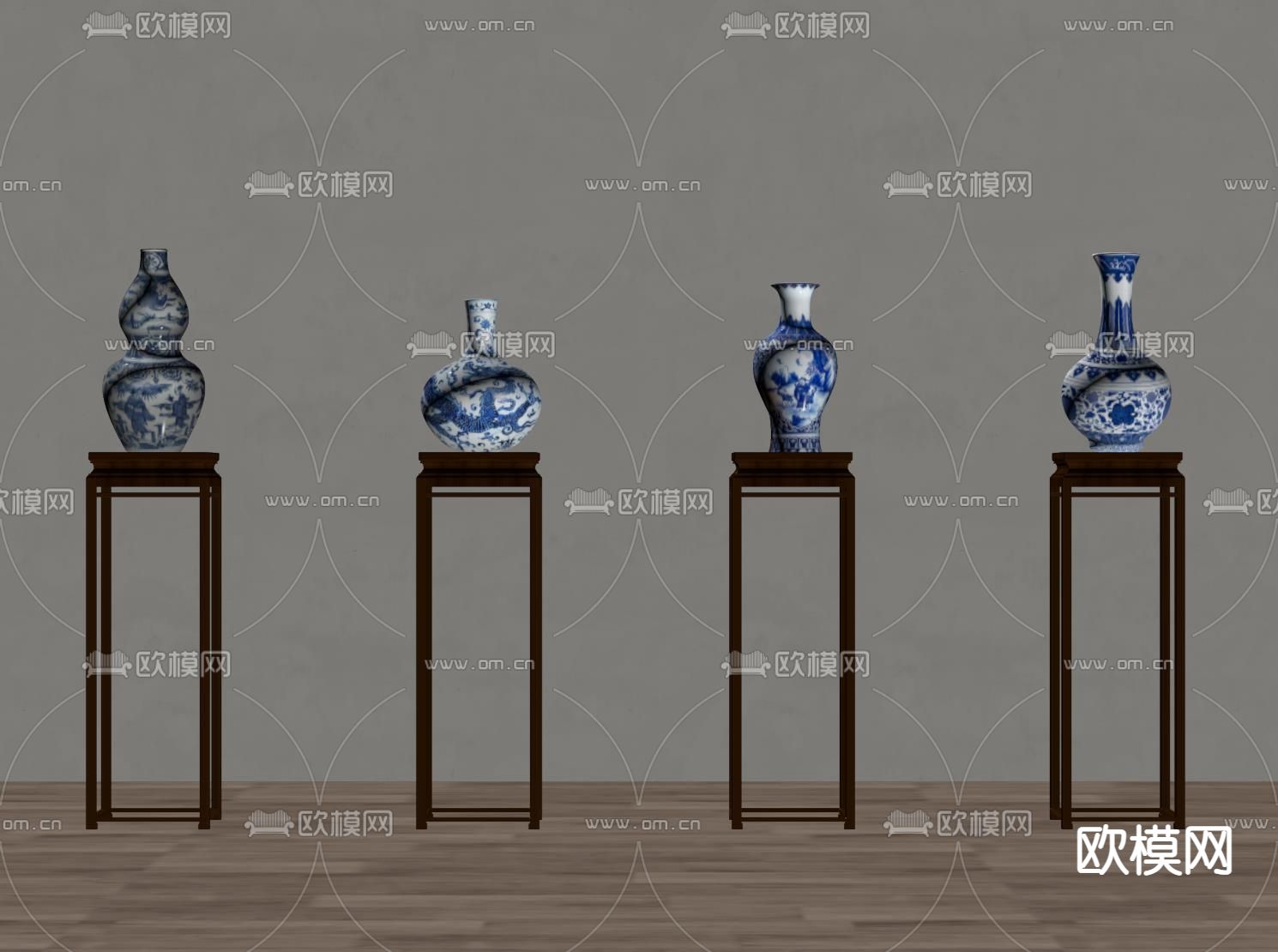 新中式陶瓷器 青花瓷su模型下载（渲染图1）