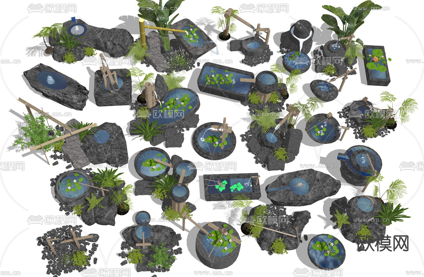 流水石钵 枯山水小品su模型