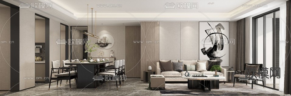 新中式客厅 餐厅3d模型下载