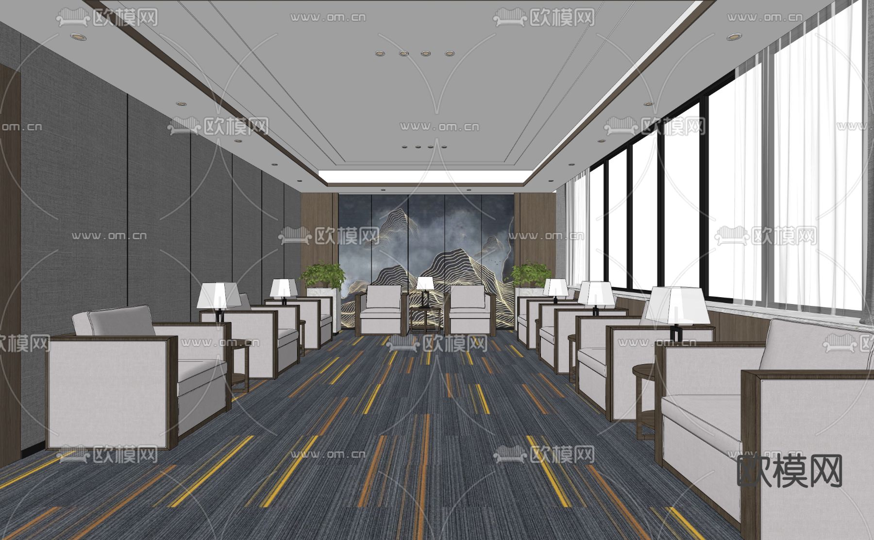 新中式会客厅 接待室su模型下载（渲染图1）