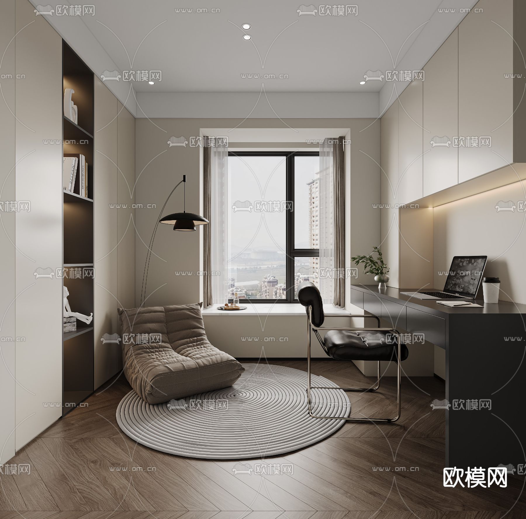 现代书房 学习房3d模型下载（渲染图2）