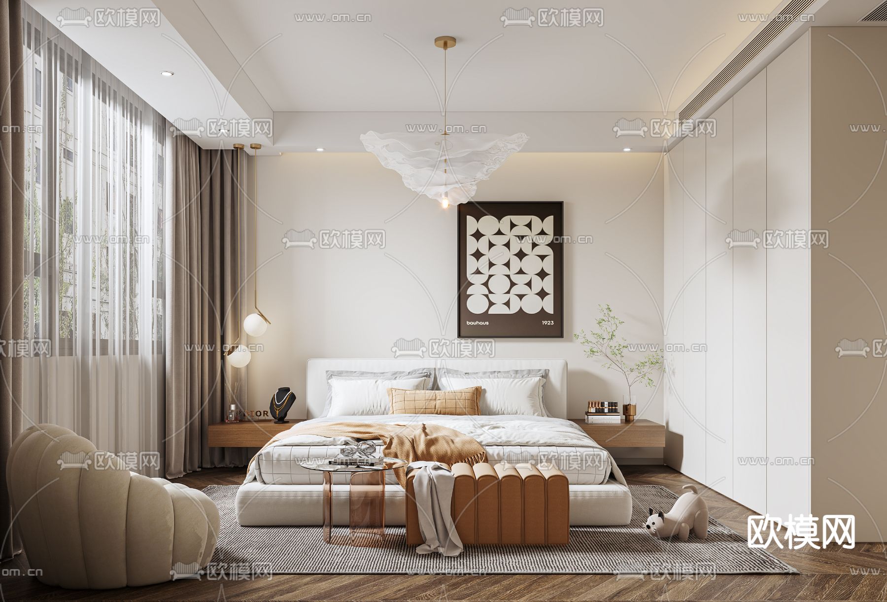 道亨效果图设计丨奶油风卧室 主卧免费3d模型下载（渲染图1）