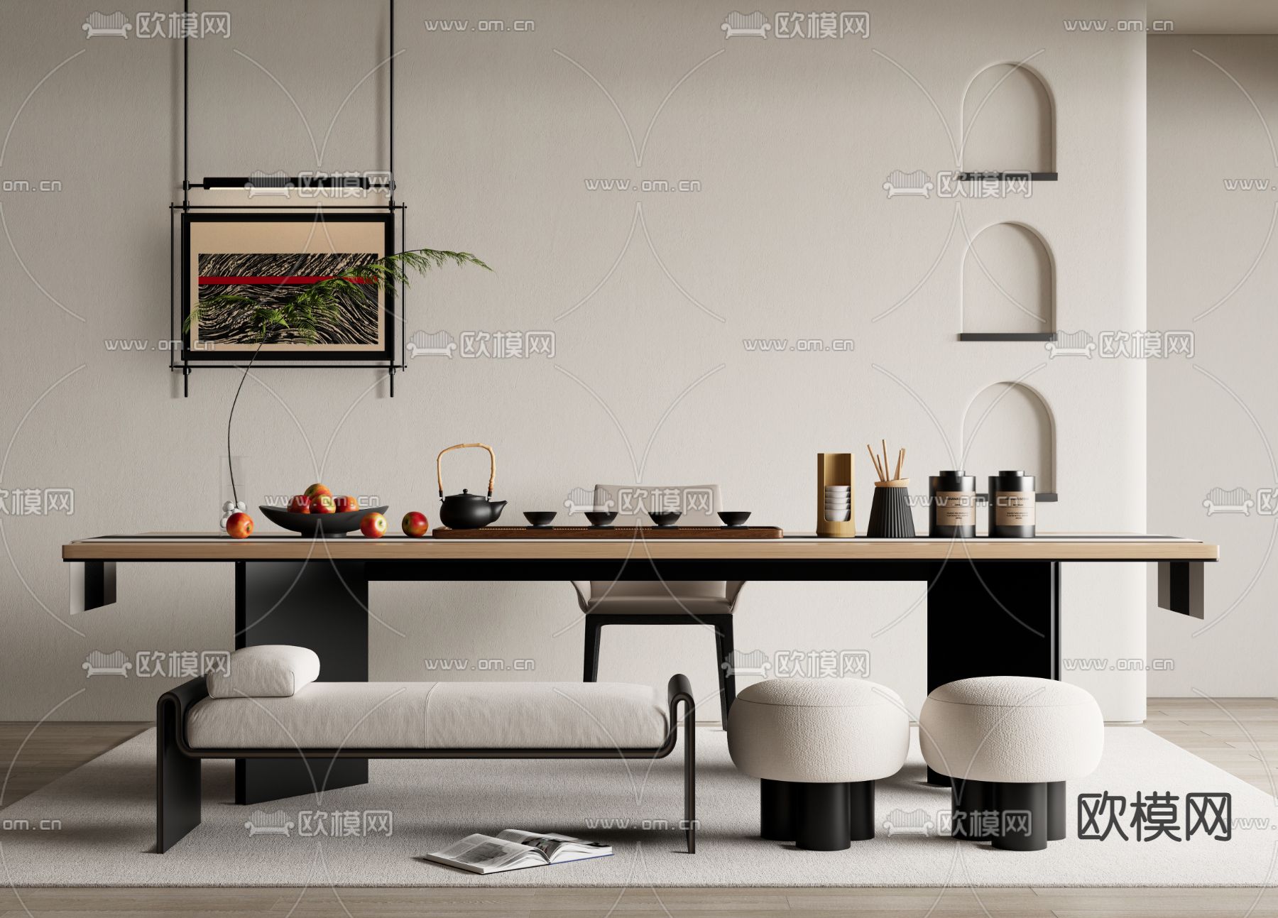现代茶桌su模型下载（渲染图2）