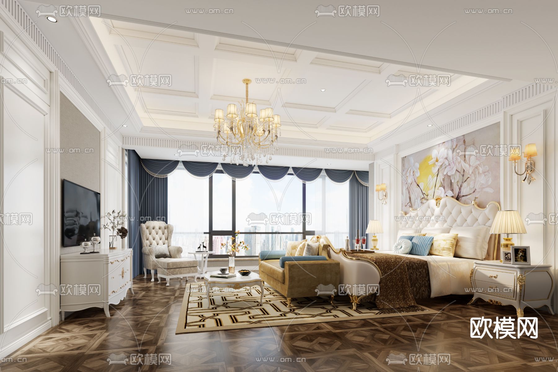 欧式卧室 主卧 主人房3d模型下载（渲染图1）