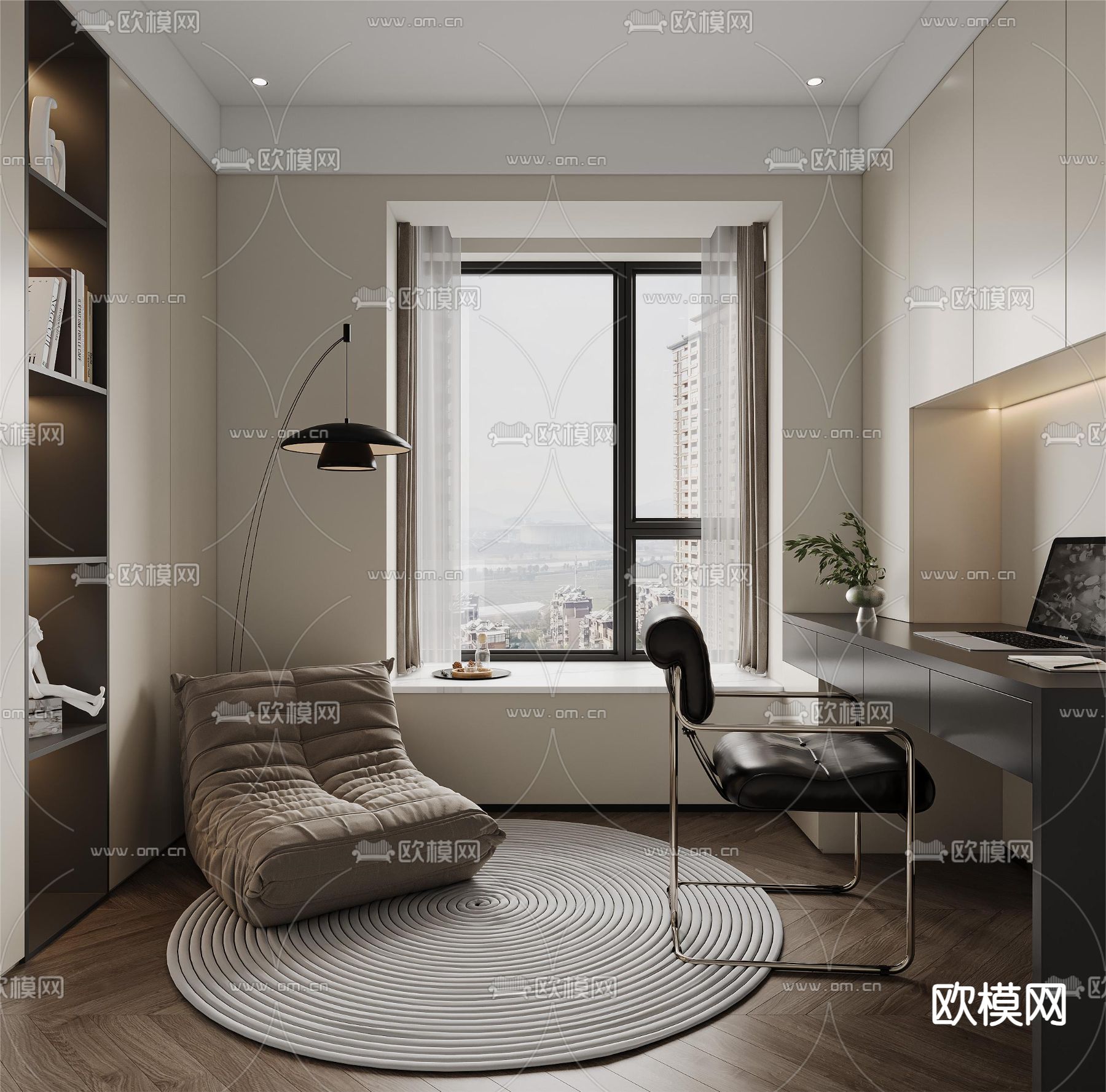 现代书房 学习房3d模型下载（渲染图1）