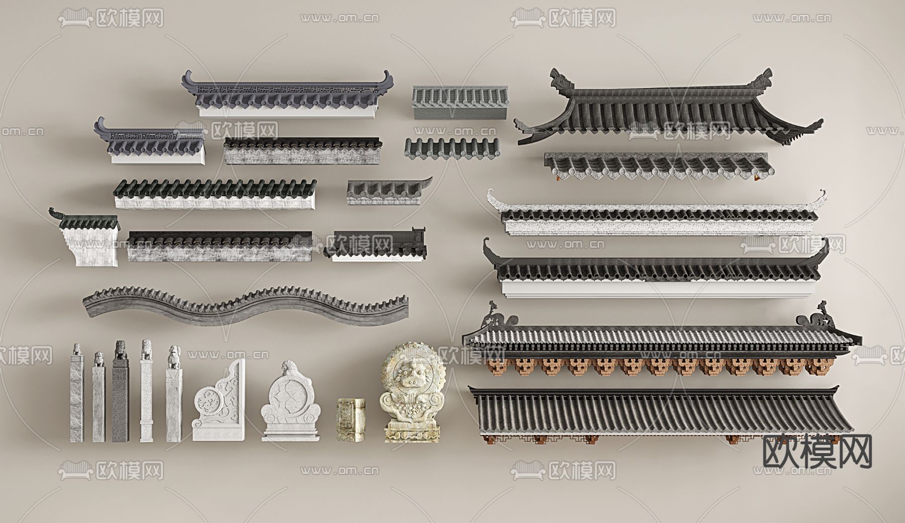 中式屋檐 瓦片 飞檐 屋脊3d模型下载