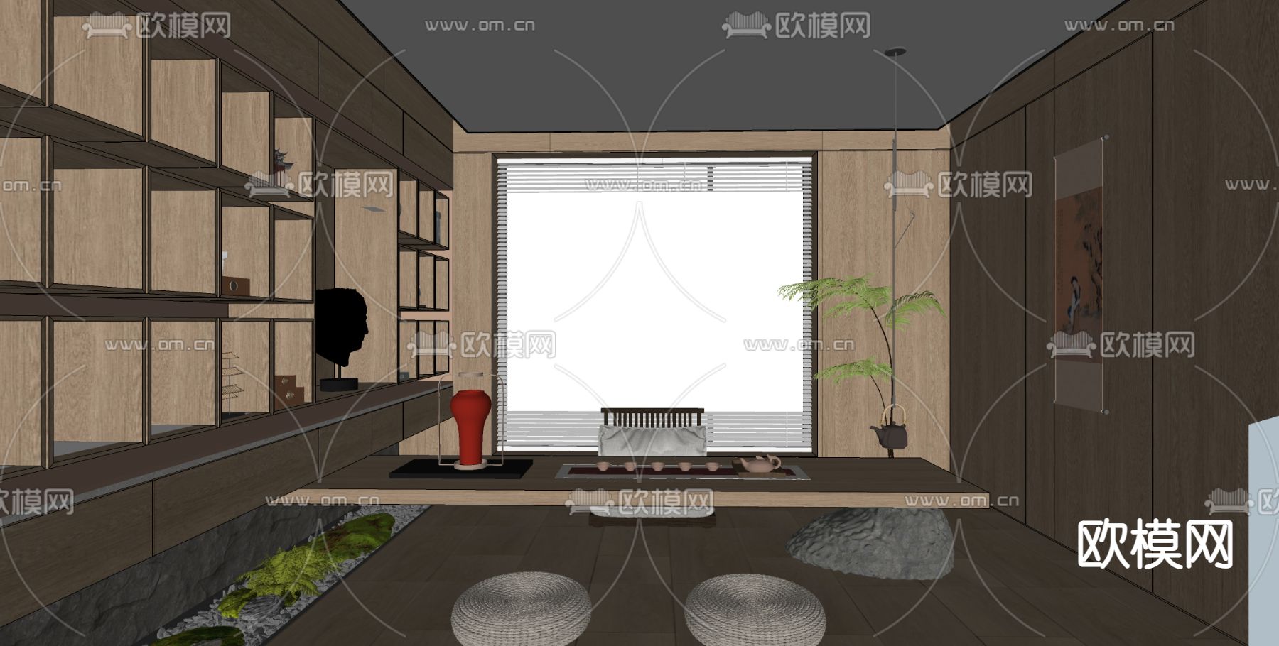 新中式茶室su模型下载（渲染图1）
