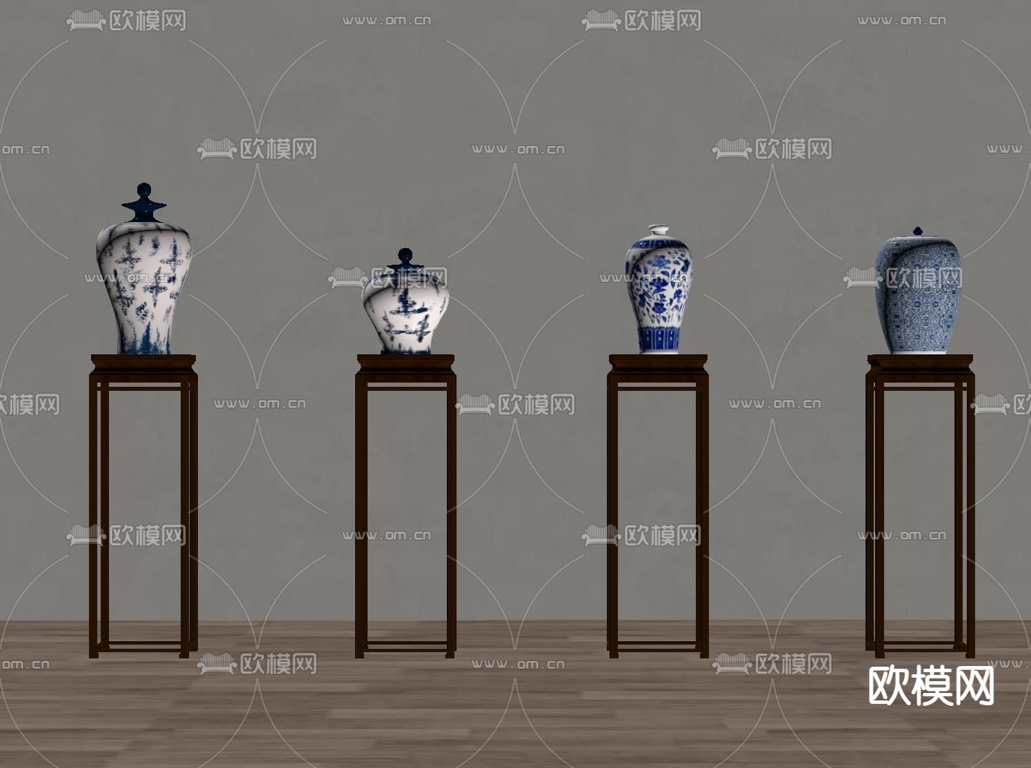 新中式陶瓷器 青花瓷su模型下载（渲染图1）