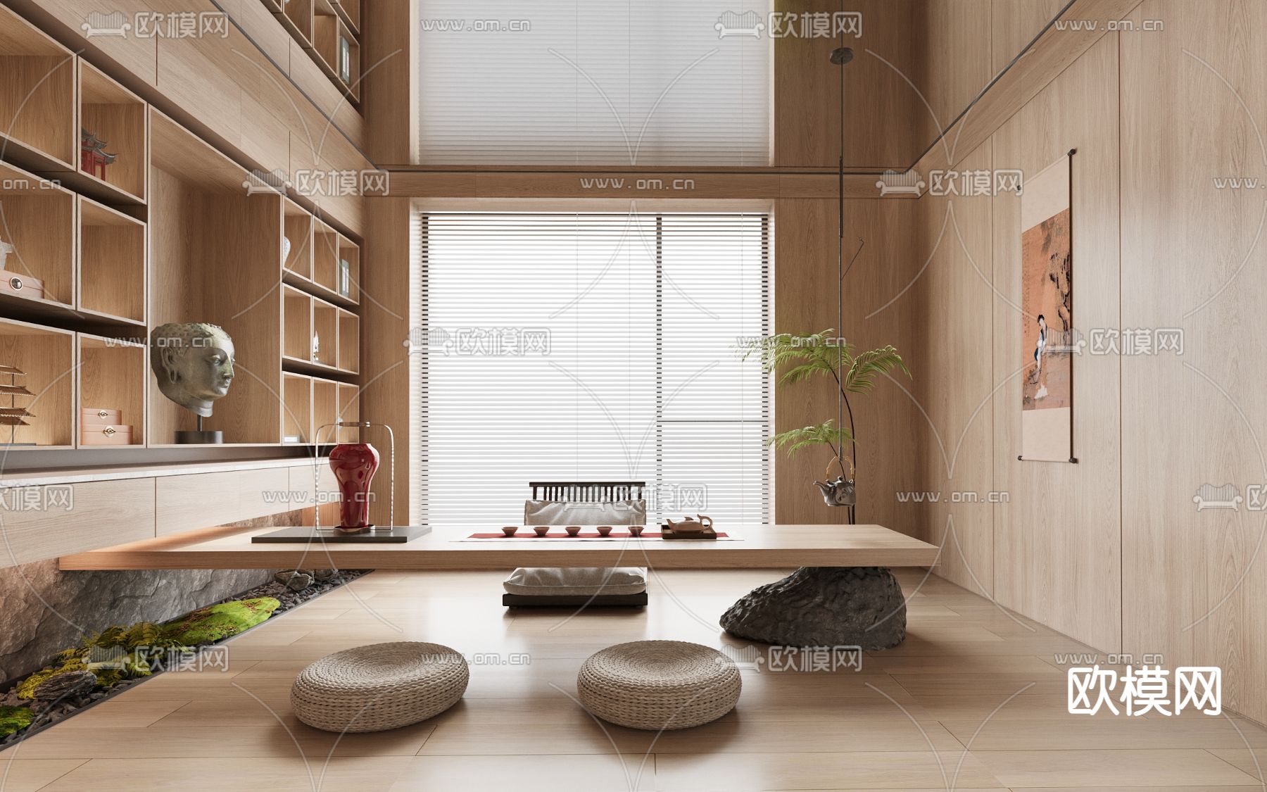 新中式茶室su模型下载（渲染图2）